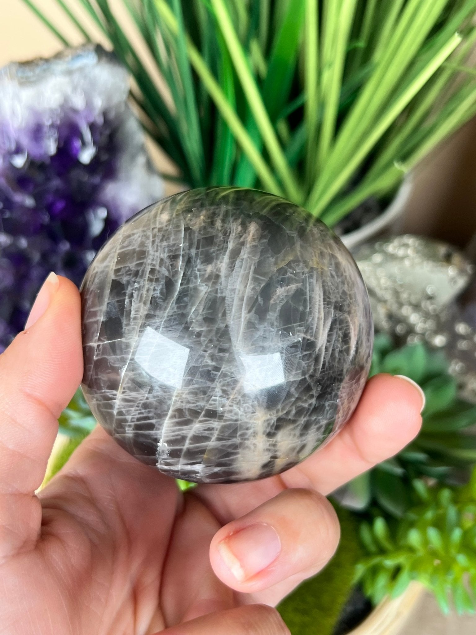 Black Moonstone Sphere 67mm (2.6 inches) - Purple Door Alchemy