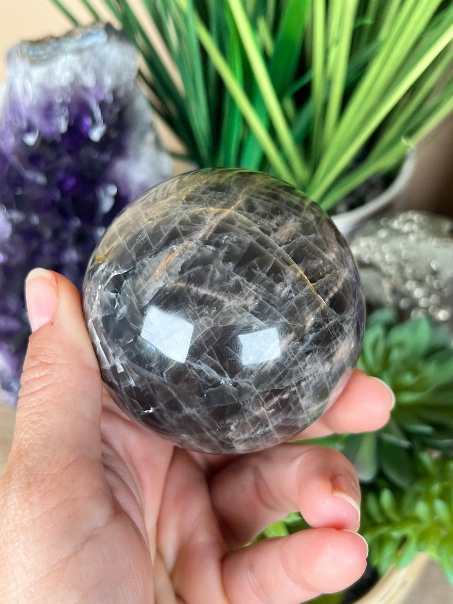 Black Moonstone Sphere 67mm (2.6 inches) - Purple Door Alchemy