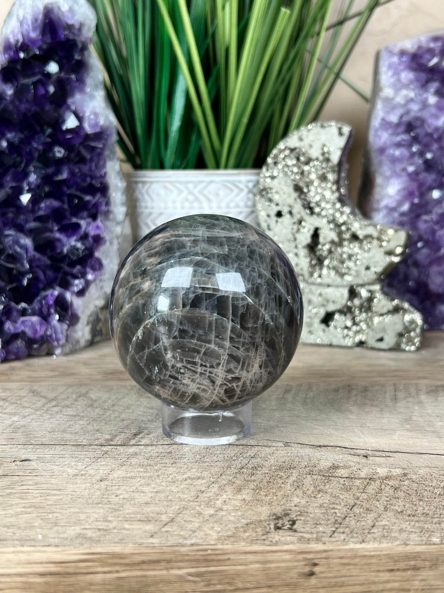 Black Moonstone Sphere 67mm (2.6 inches) - Purple Door Alchemy