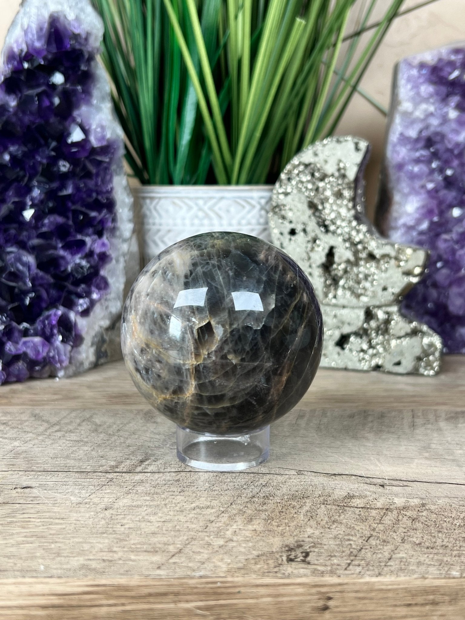 Black Moonstone Sphere 67mm (2.6 inches) - Purple Door Alchemy