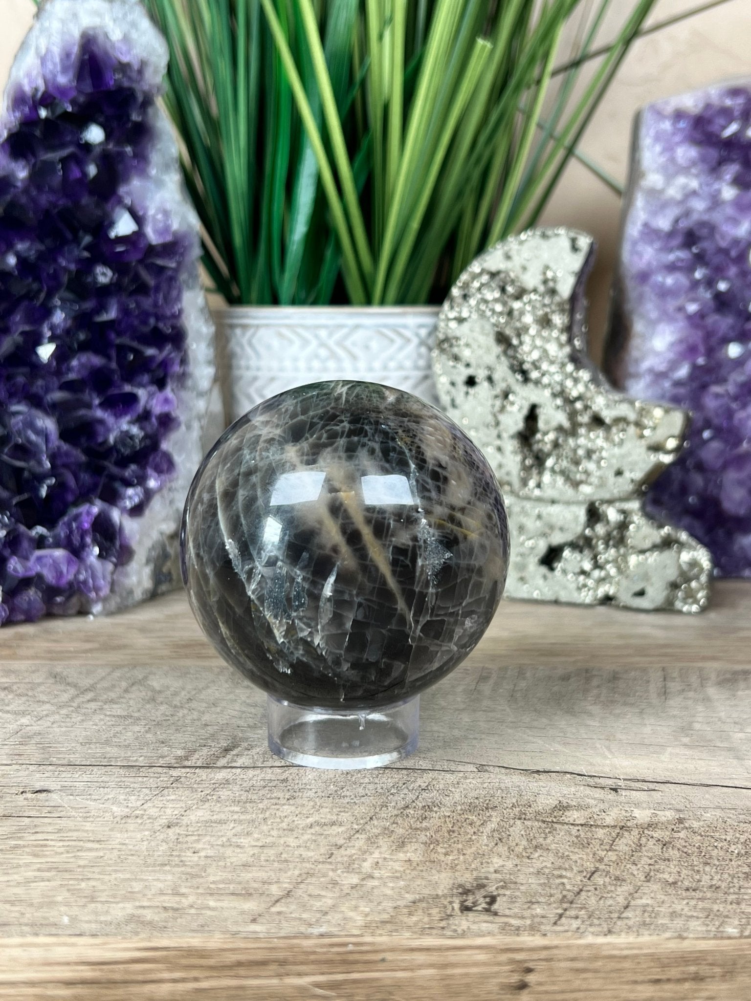 Black Moonstone Sphere 67mm (2.6 inches) - Purple Door Alchemy