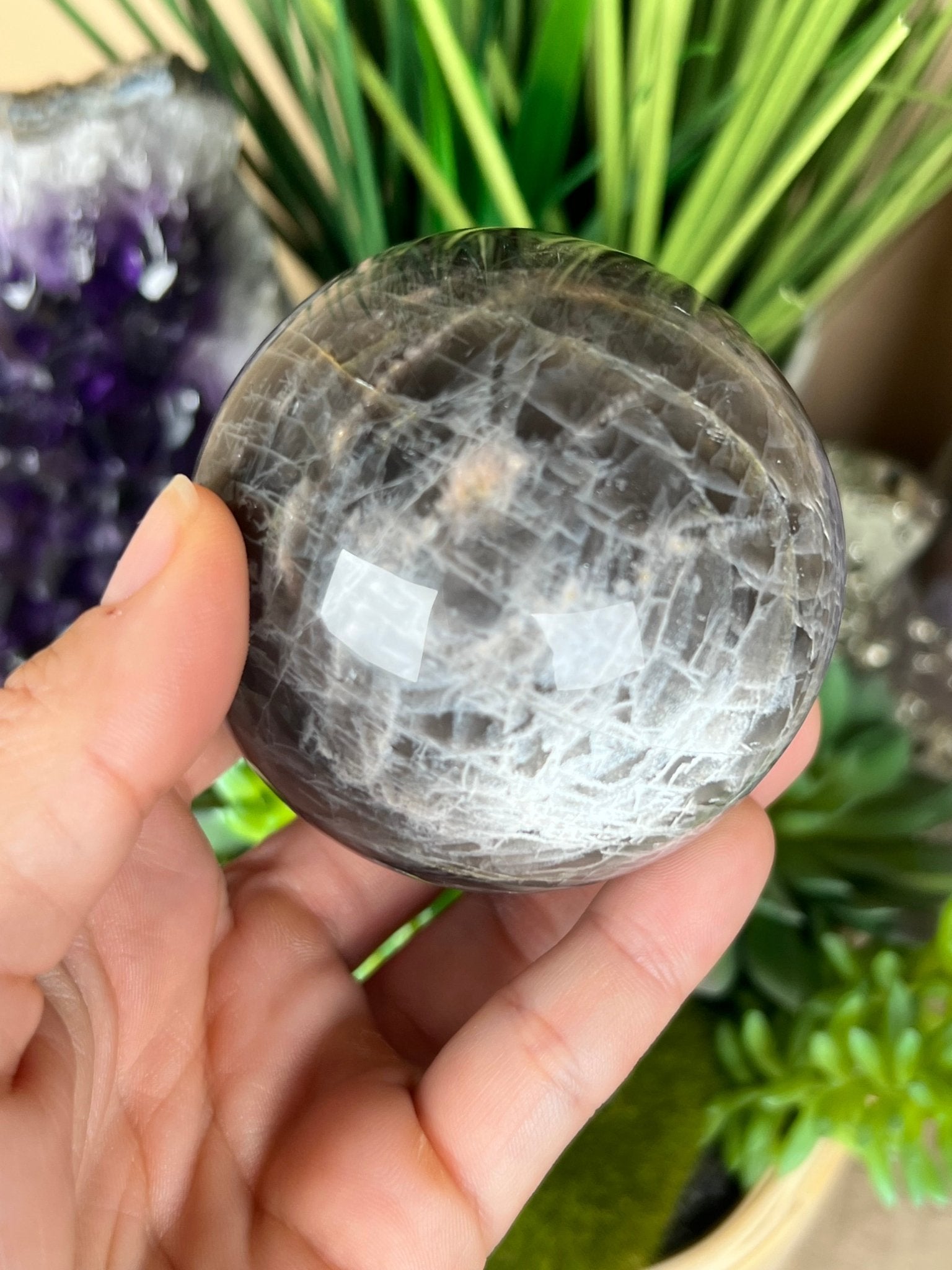 Black Moonstone Sphere 67mm (2.6 inches) - Purple Door Alchemy