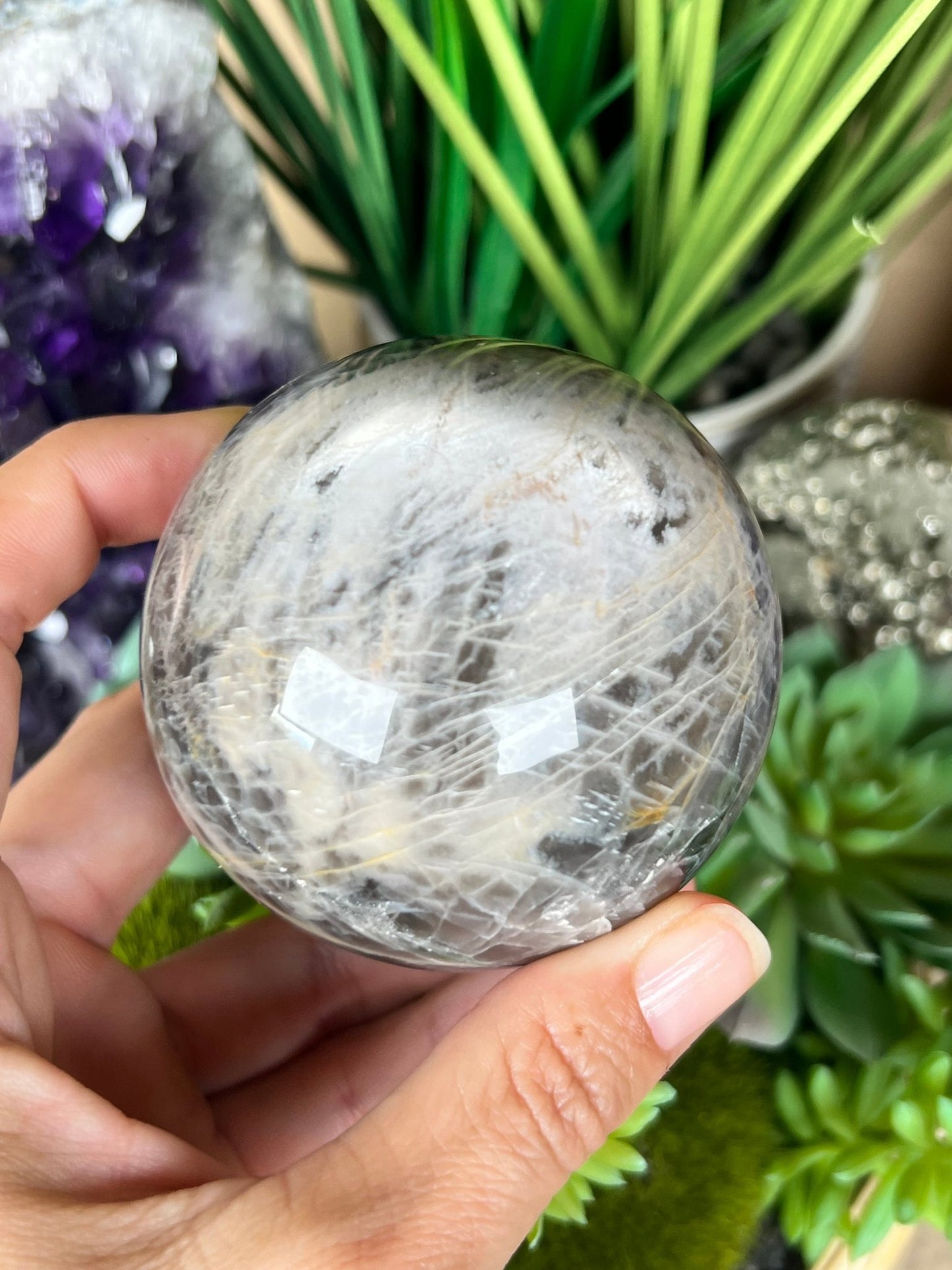 Black Moonstone Sphere 67mm (2.6 inches) - Purple Door Alchemy