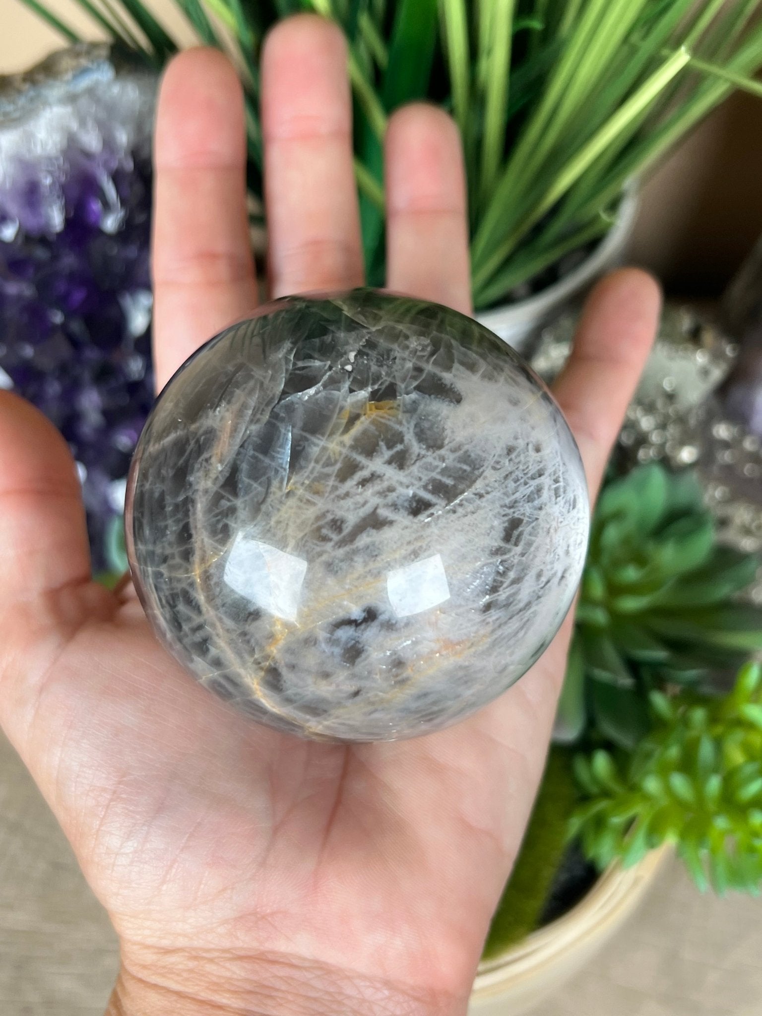 Black Moonstone Sphere 67mm (2.6 inches) - Purple Door Alchemy
