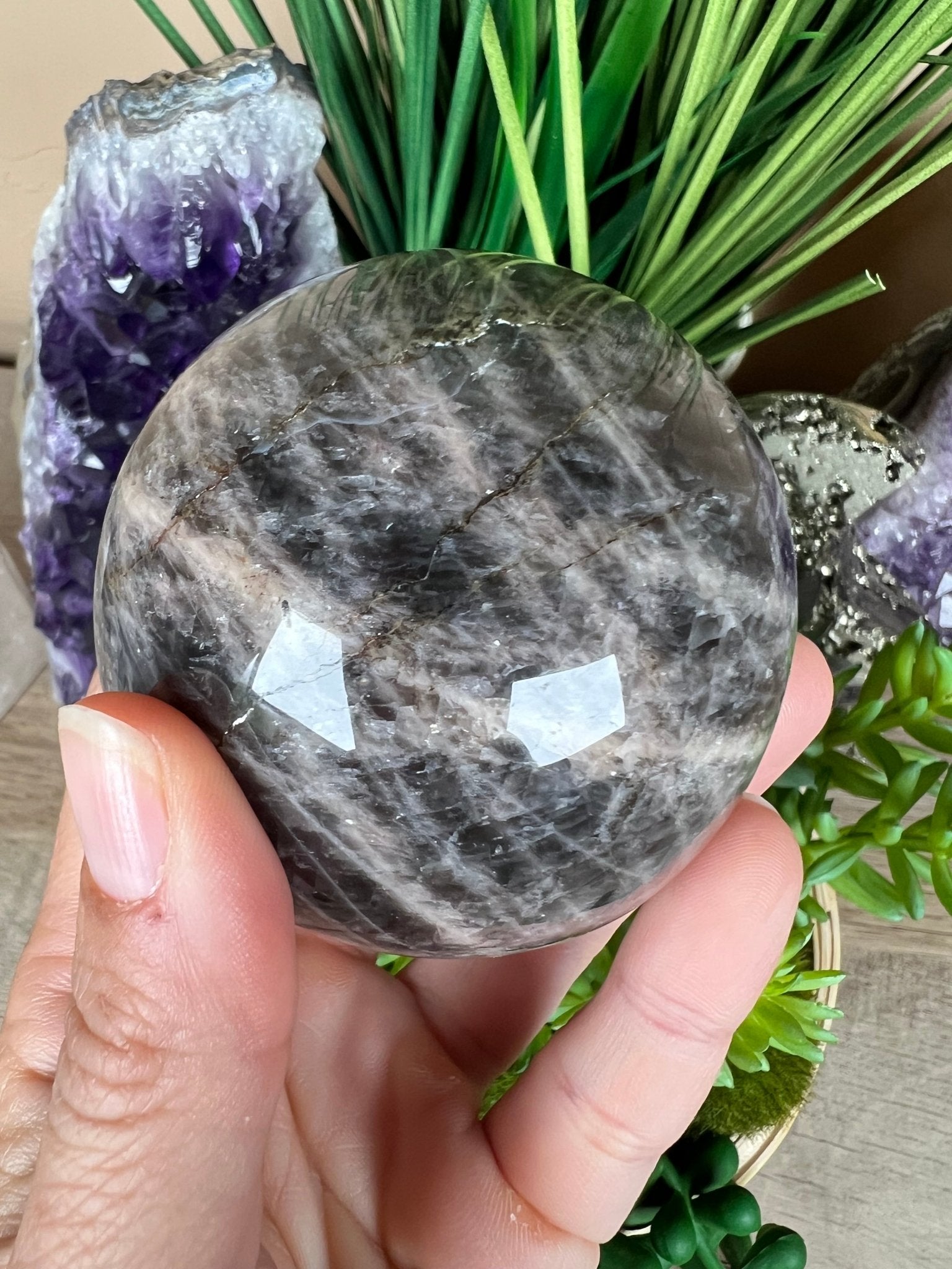 Black Moonstone Sphere 69mm - Purple Door Alchemy