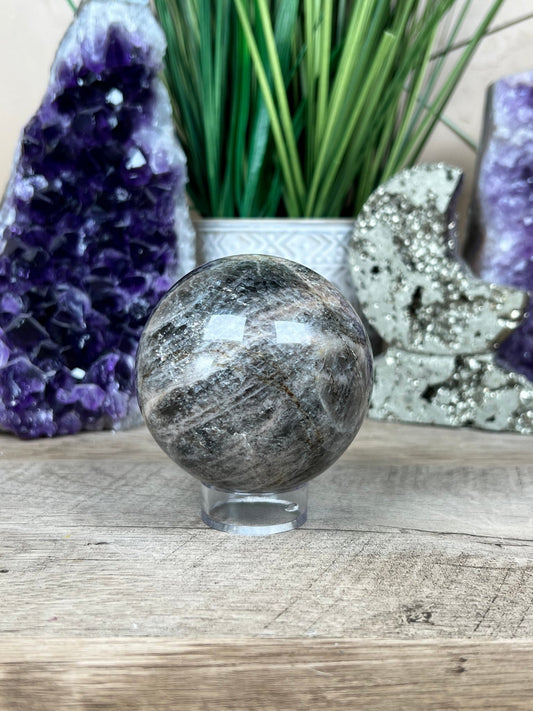 Black Moonstone Sphere 69mm - Purple Door Alchemy