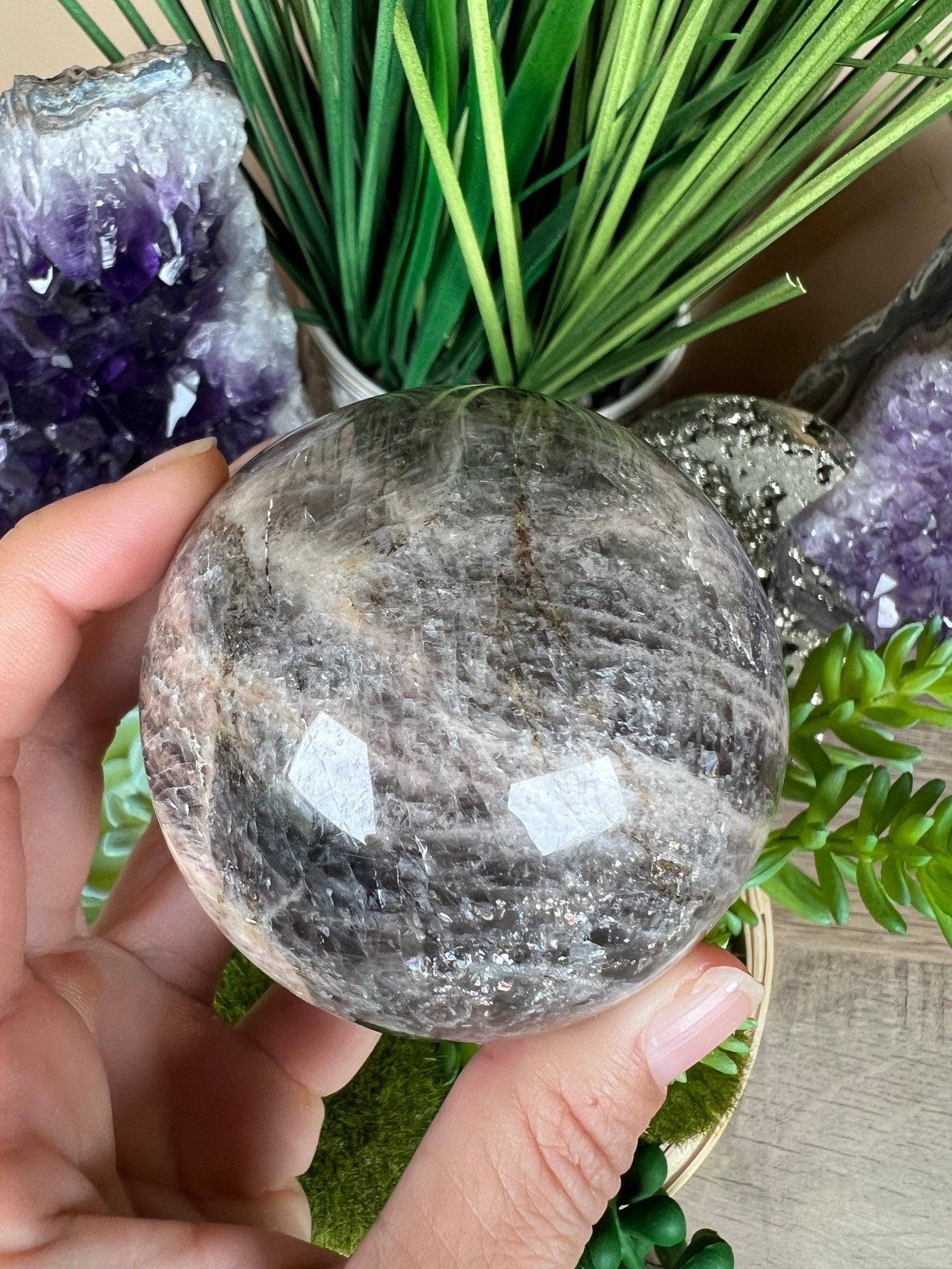 Black Moonstone Sphere 69mm - Purple Door Alchemy
