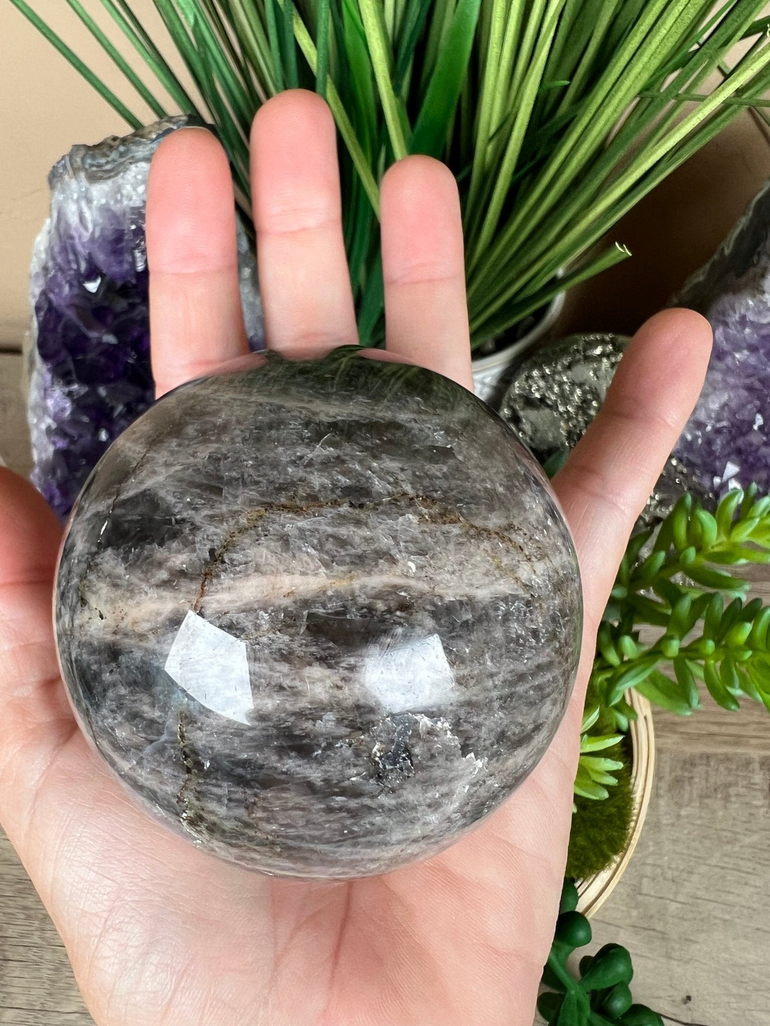 Black Moonstone Sphere 69mm - Purple Door Alchemy