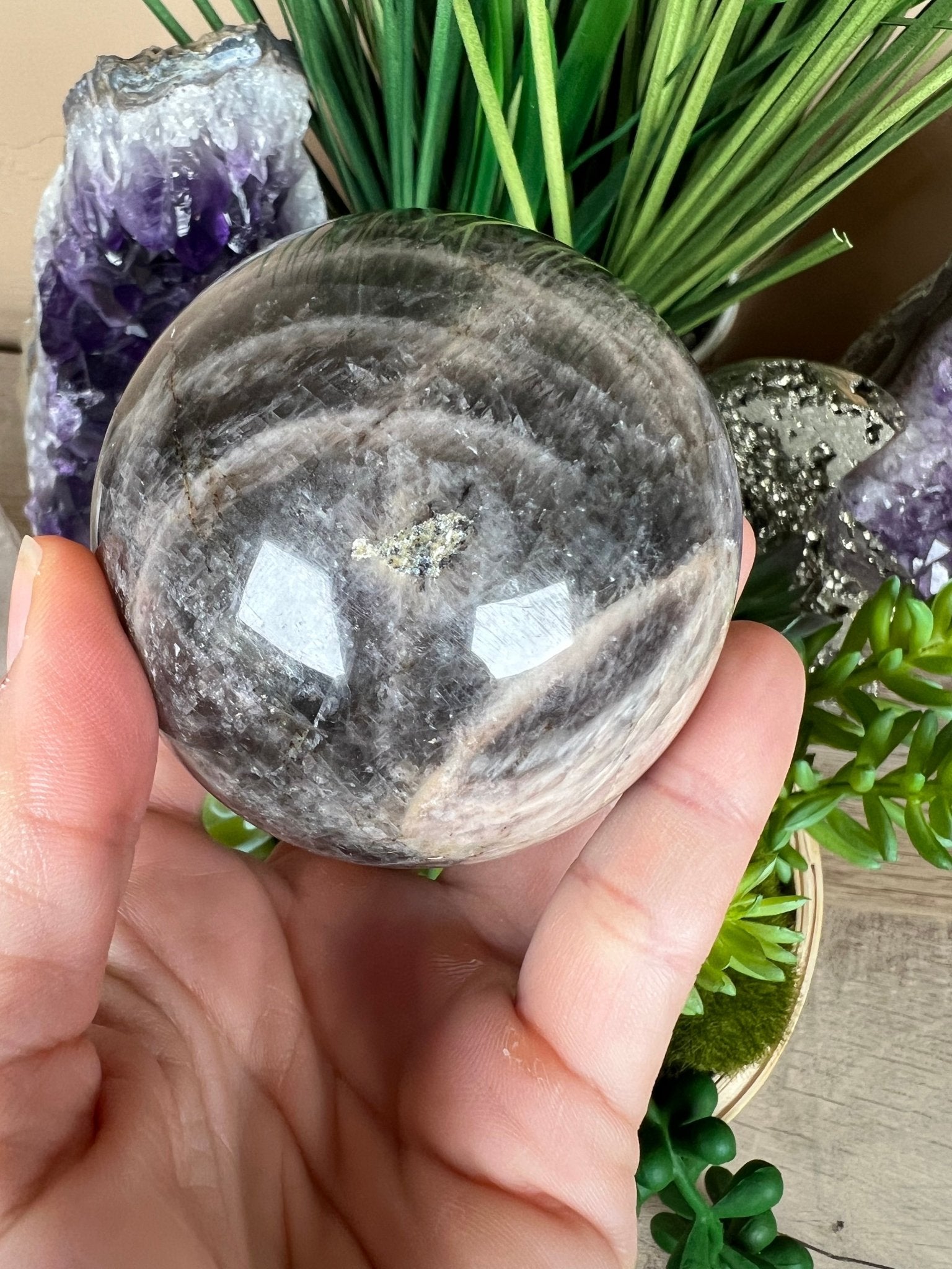 Black Moonstone Sphere 69mm - Purple Door Alchemy