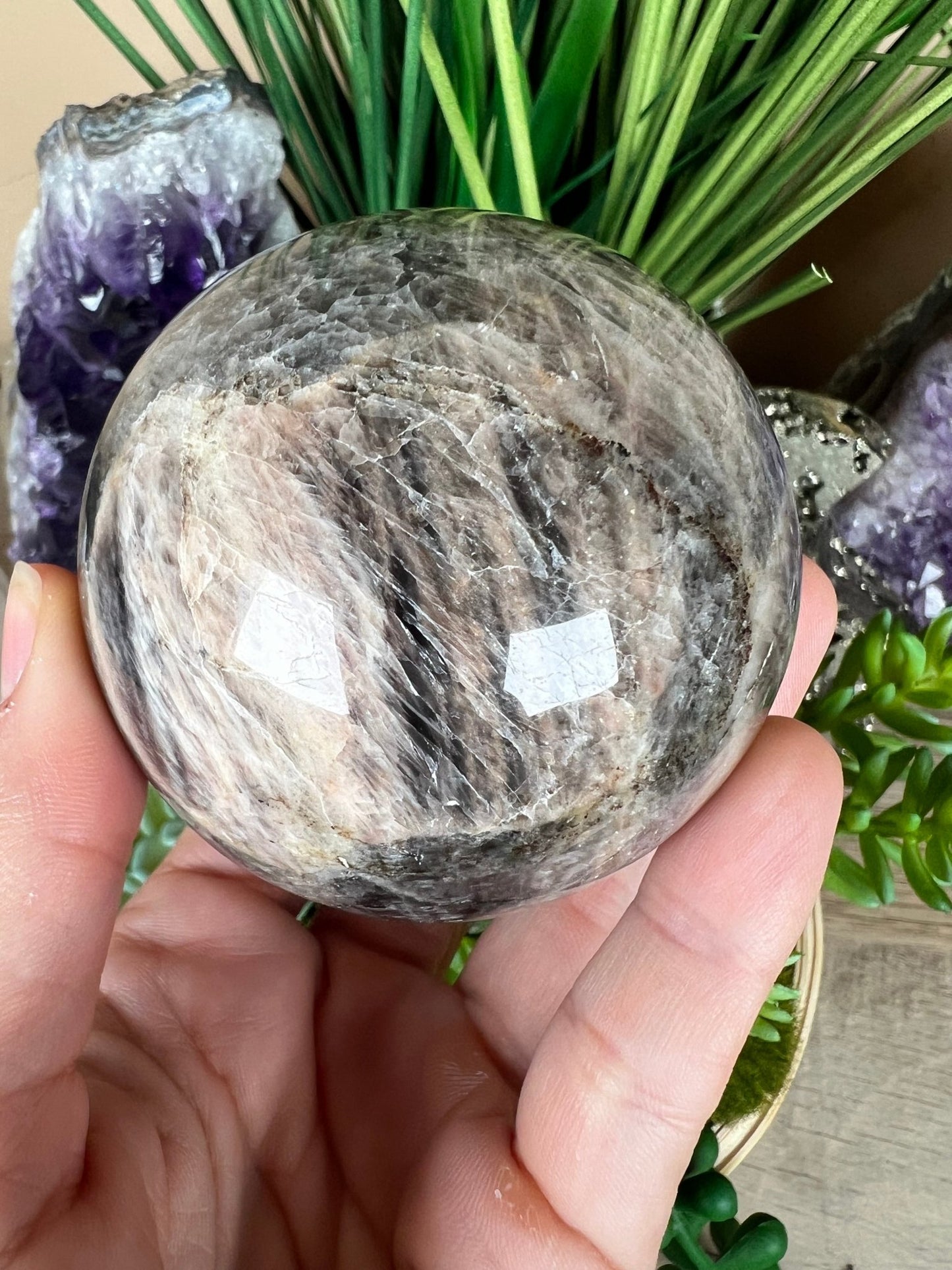 Black Moonstone Sphere 69mm - Purple Door Alchemy