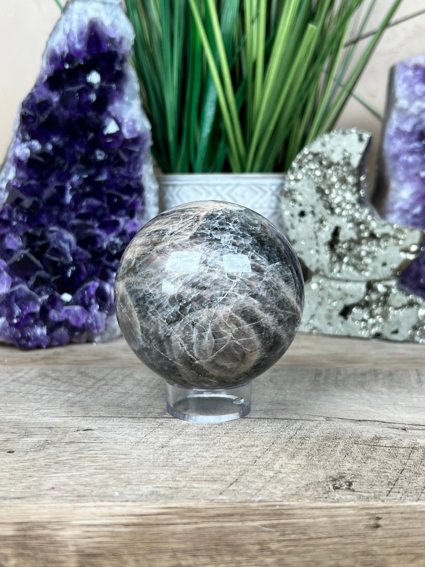 Black Moonstone Sphere 69mm - Purple Door Alchemy