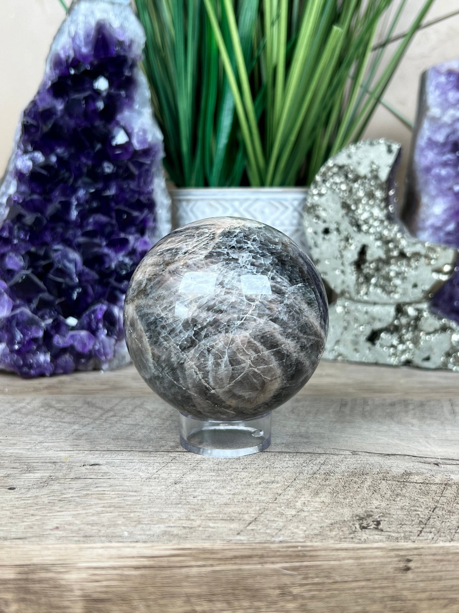 Black Moonstone Sphere 69mm - Purple Door Alchemy