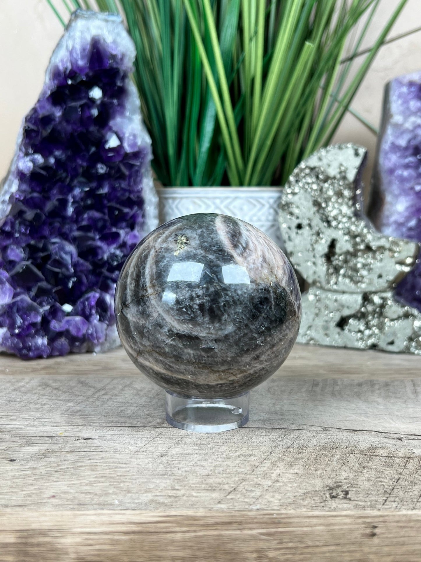 Black Moonstone Sphere 69mm - Purple Door Alchemy