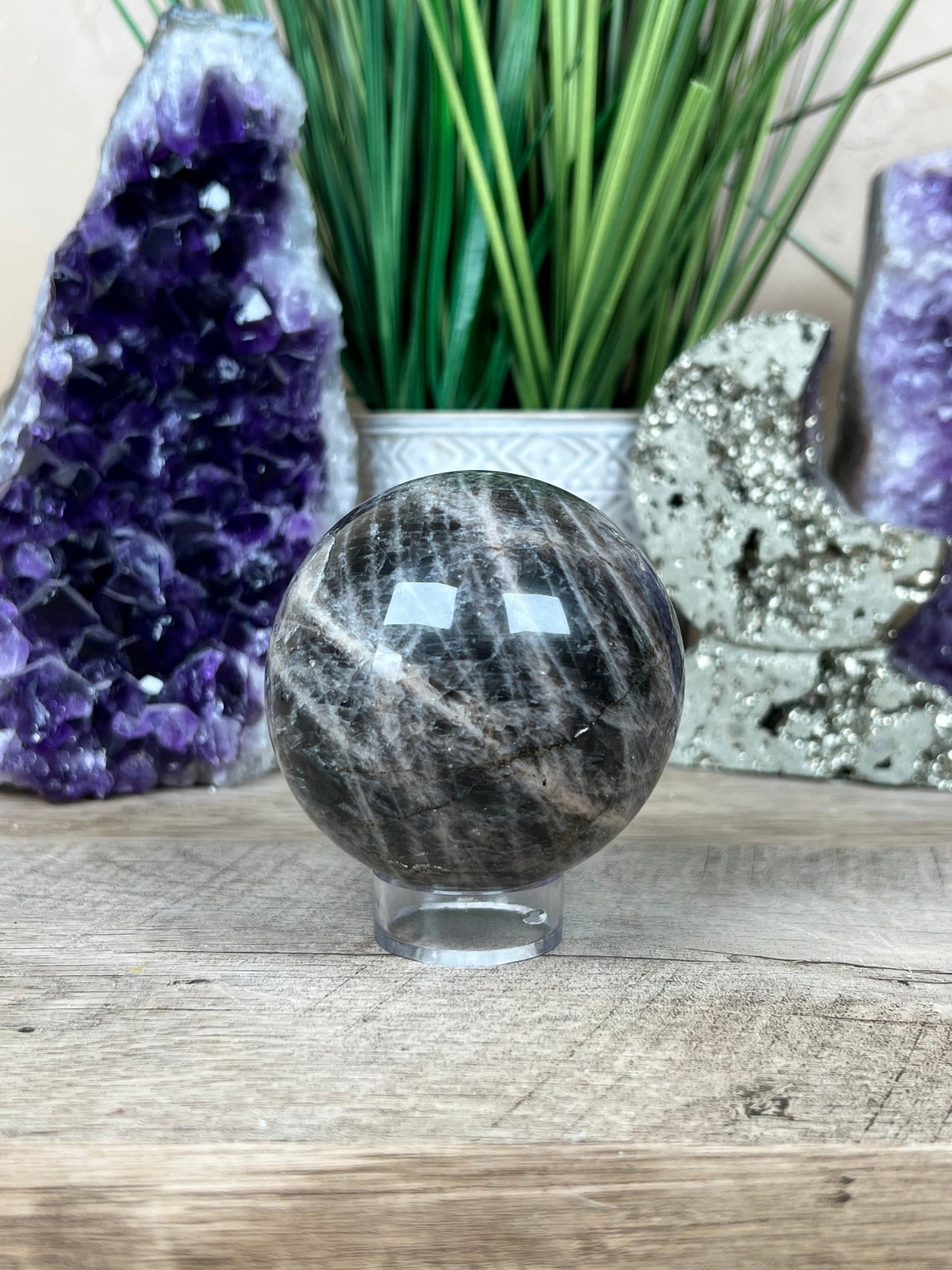 Black Moonstone Sphere 69mm - Purple Door Alchemy