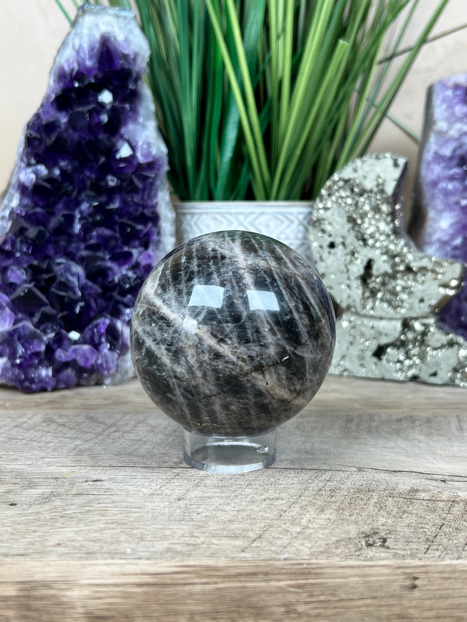 Black Moonstone Sphere 69mm - Purple Door Alchemy