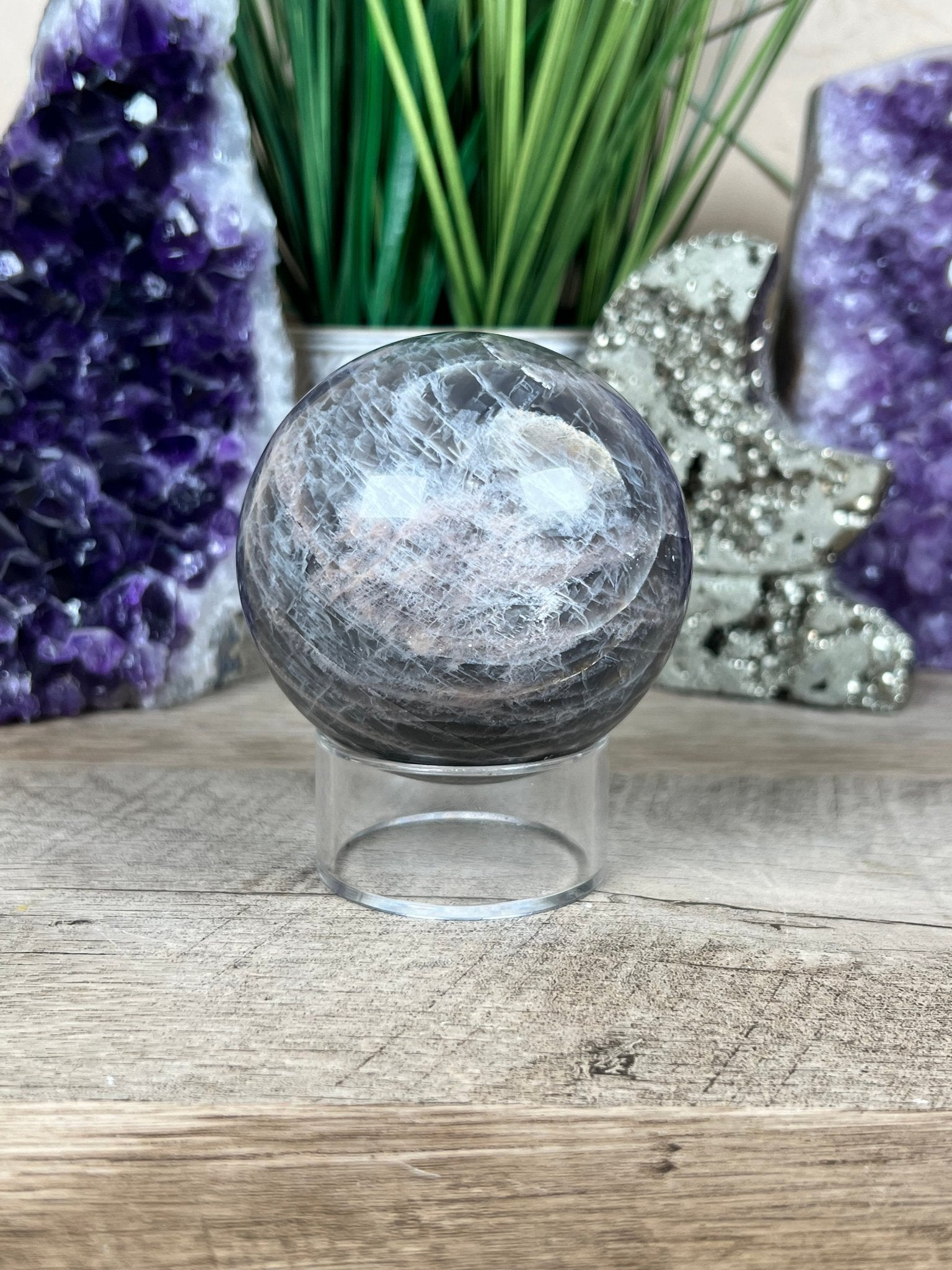 Black Moonstone Sphere 74 mm (2.9 inches) - Purple Door Alchemy