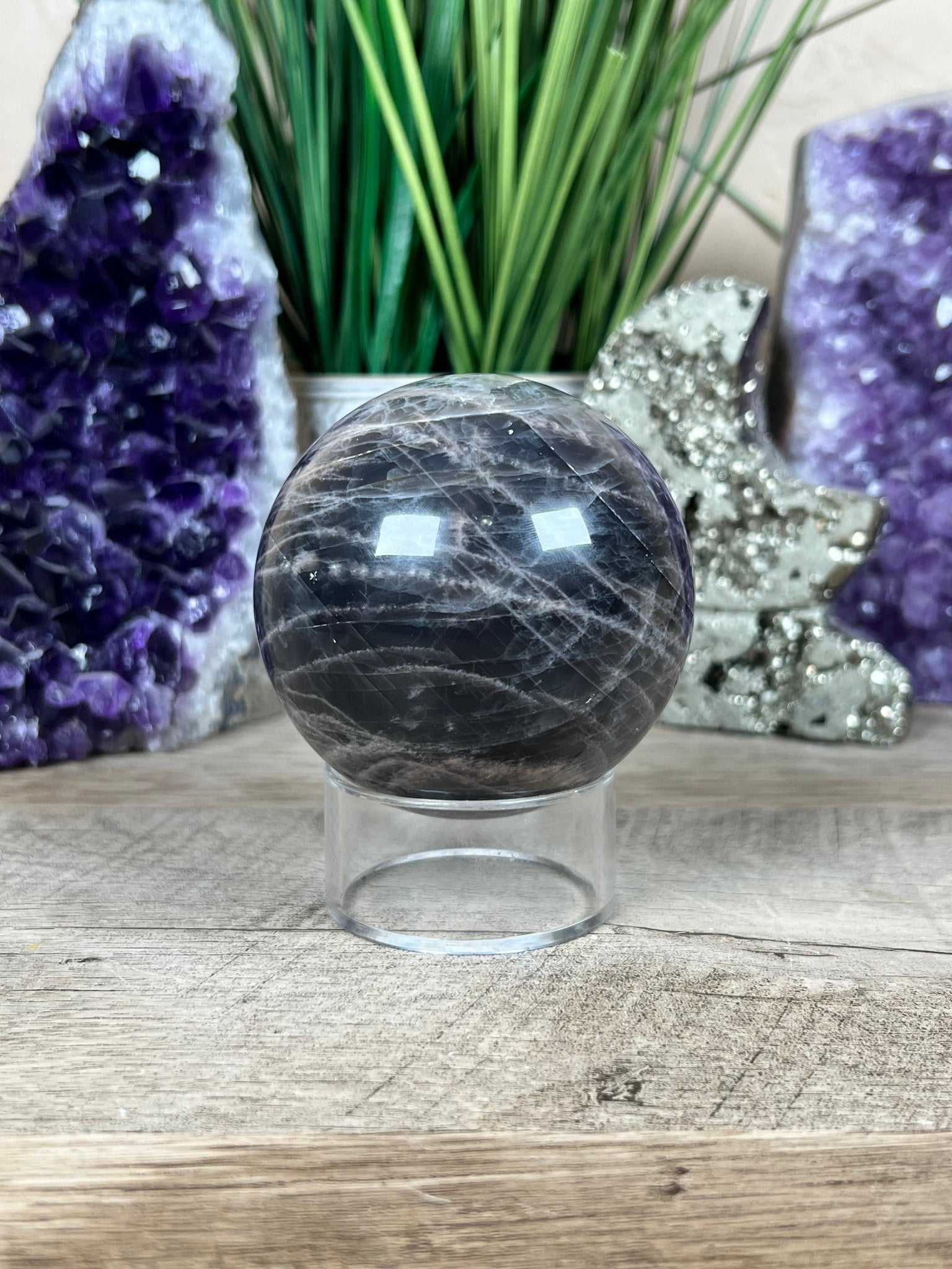Black Moonstone Sphere 74 mm (2.9 inches) - Purple Door Alchemy