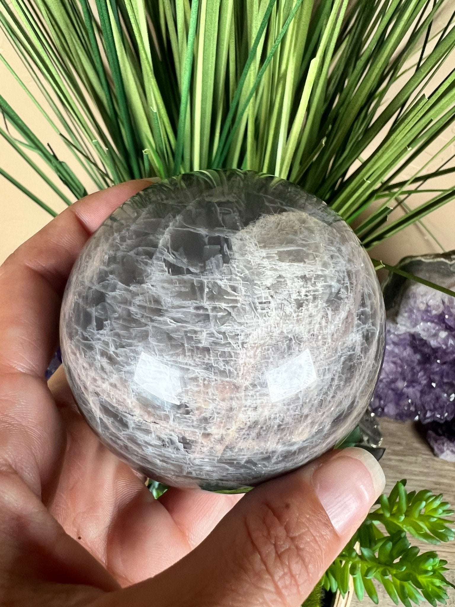 Black Moonstone Sphere 74 mm (2.9 inches) - Purple Door Alchemy