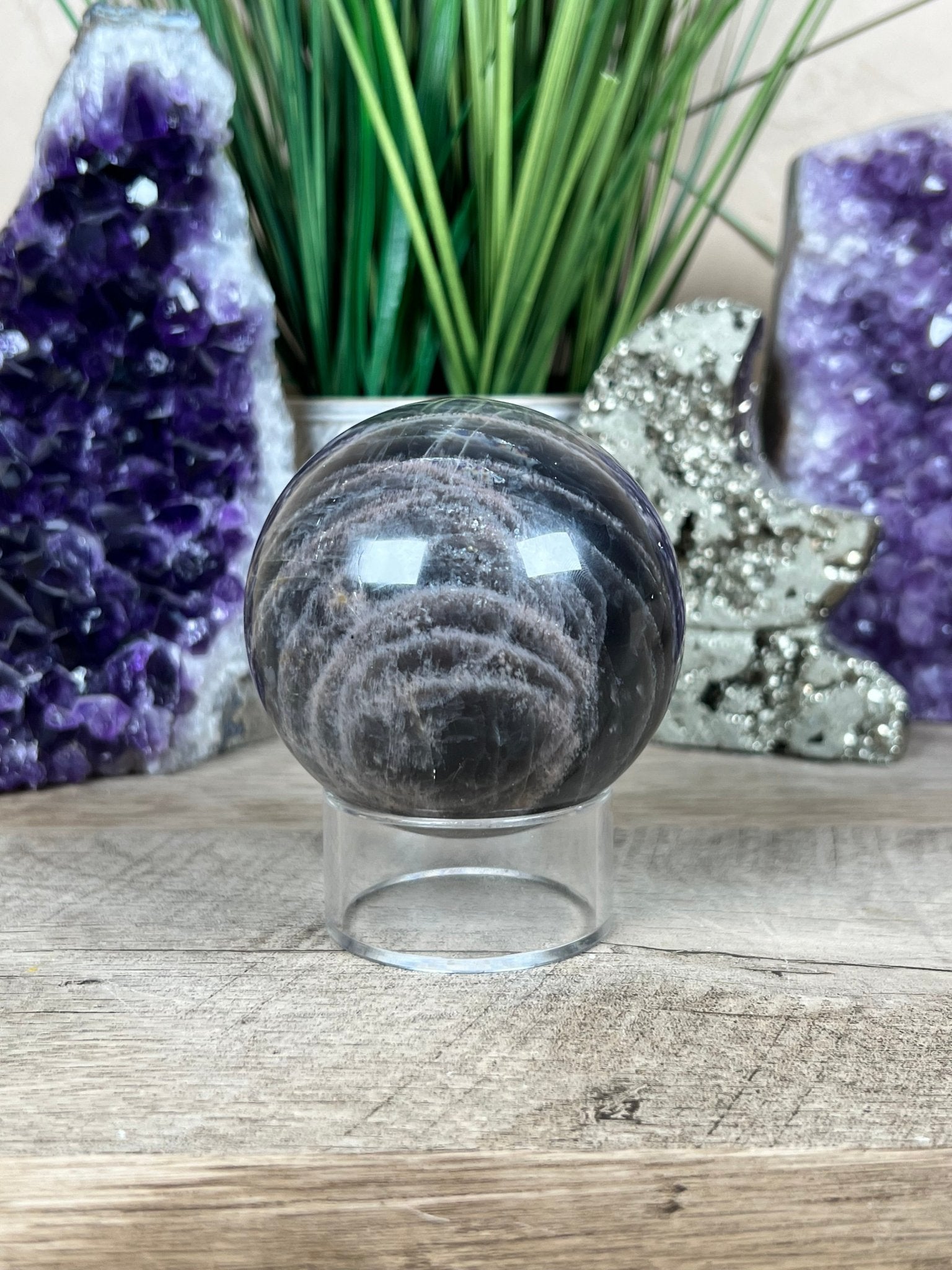 Black Moonstone Sphere 74 mm (2.9 inches) - Purple Door Alchemy