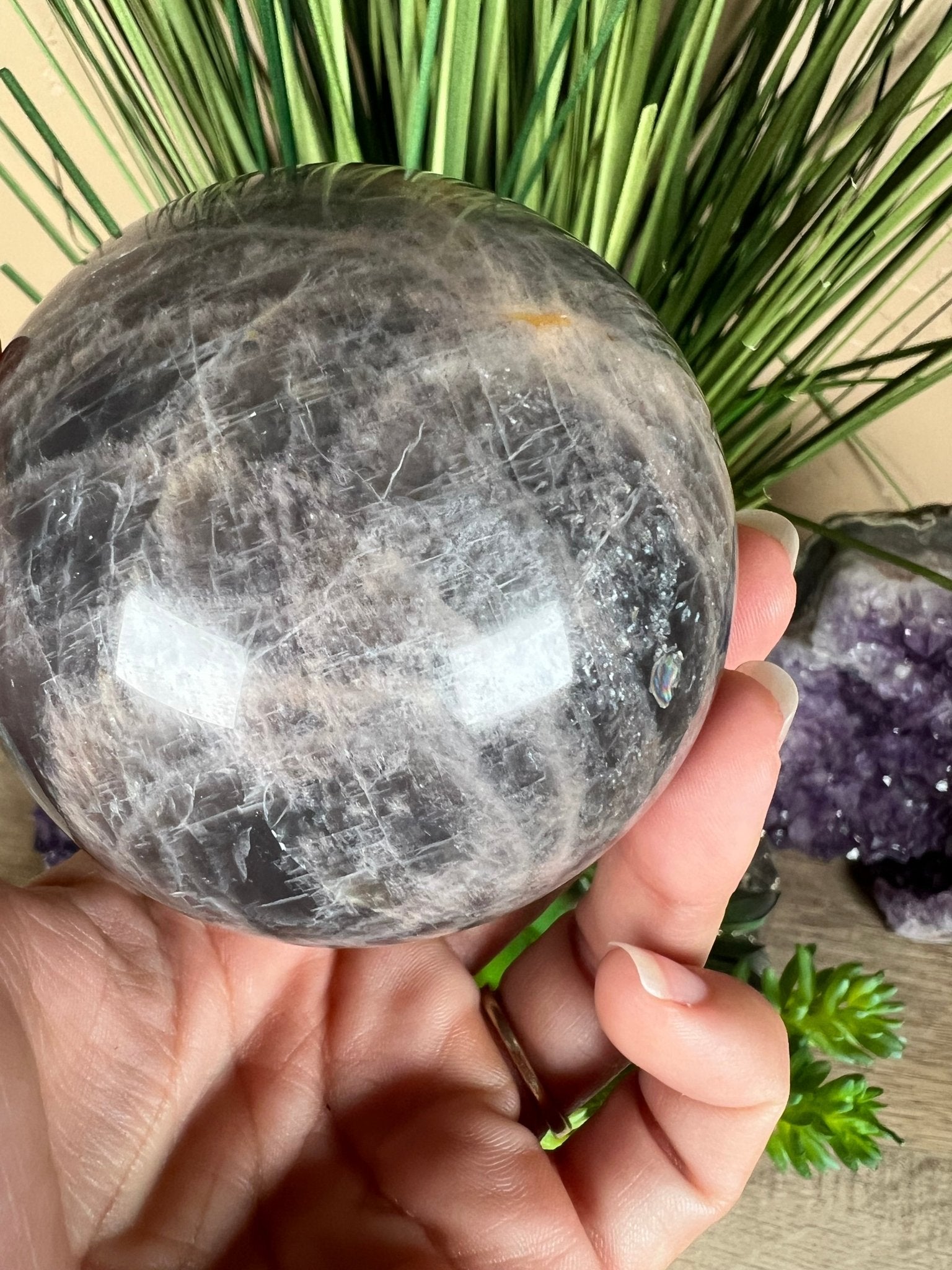 Black Moonstone Sphere 74 mm (2.9 inches) - Purple Door Alchemy