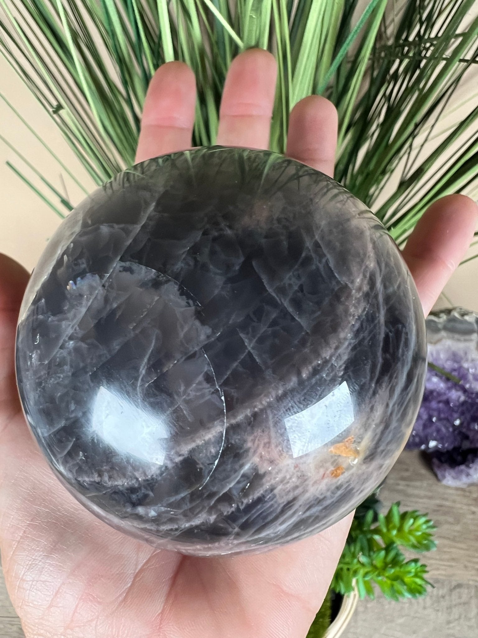Black Moonstone Sphere 74 mm (2.9 inches) - Purple Door Alchemy