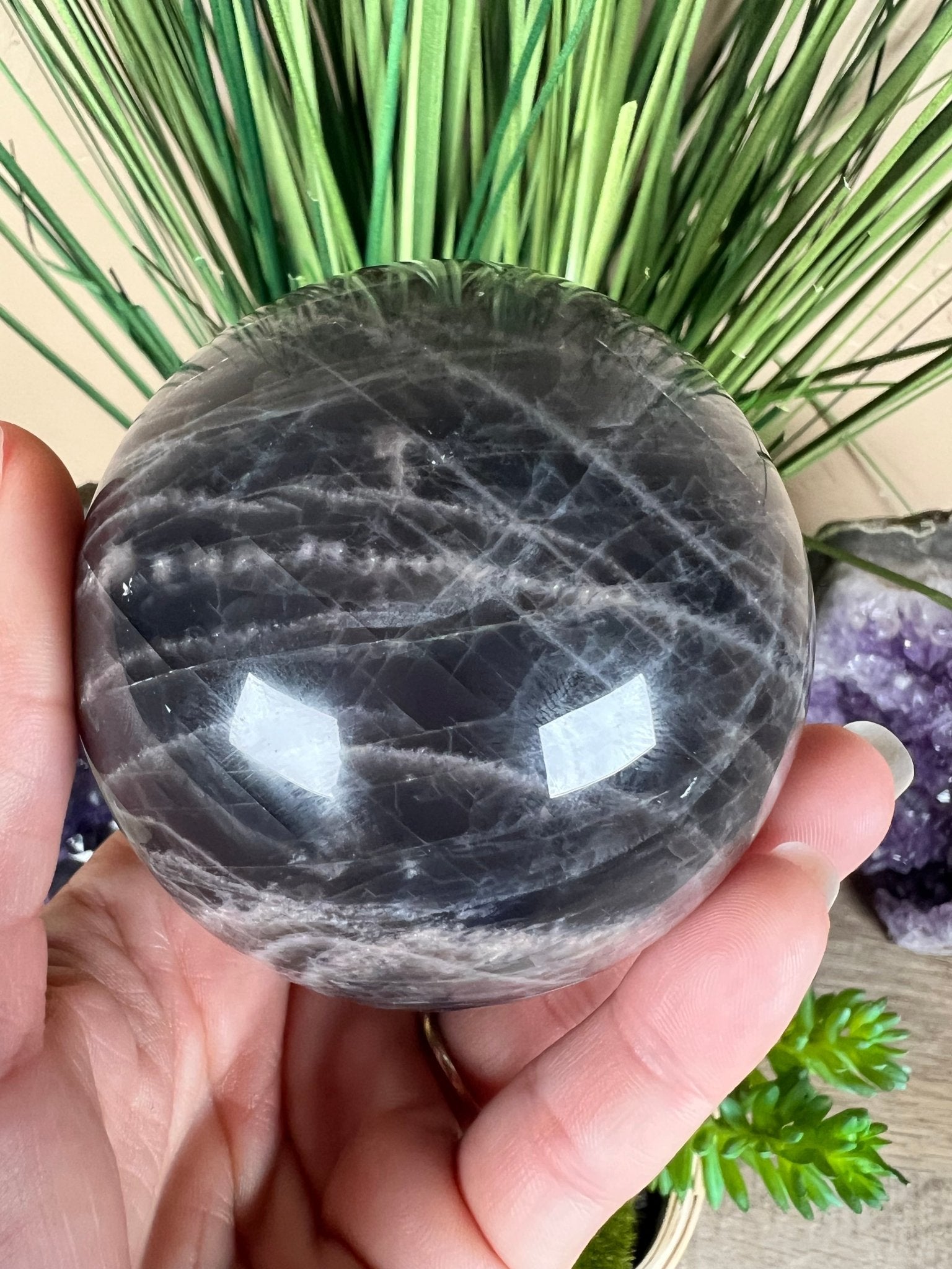 Black Moonstone Sphere 74 mm (2.9 inches) - Purple Door Alchemy