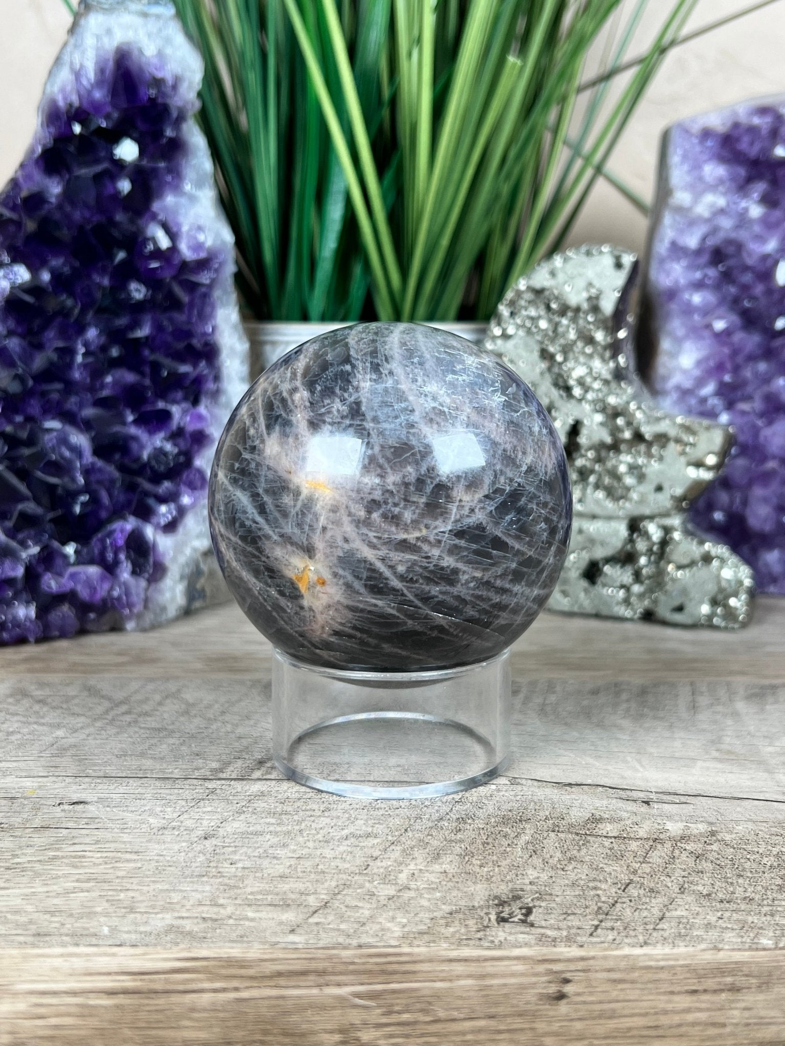 Black Moonstone Sphere 74 mm (2.9 inches) - Purple Door Alchemy
