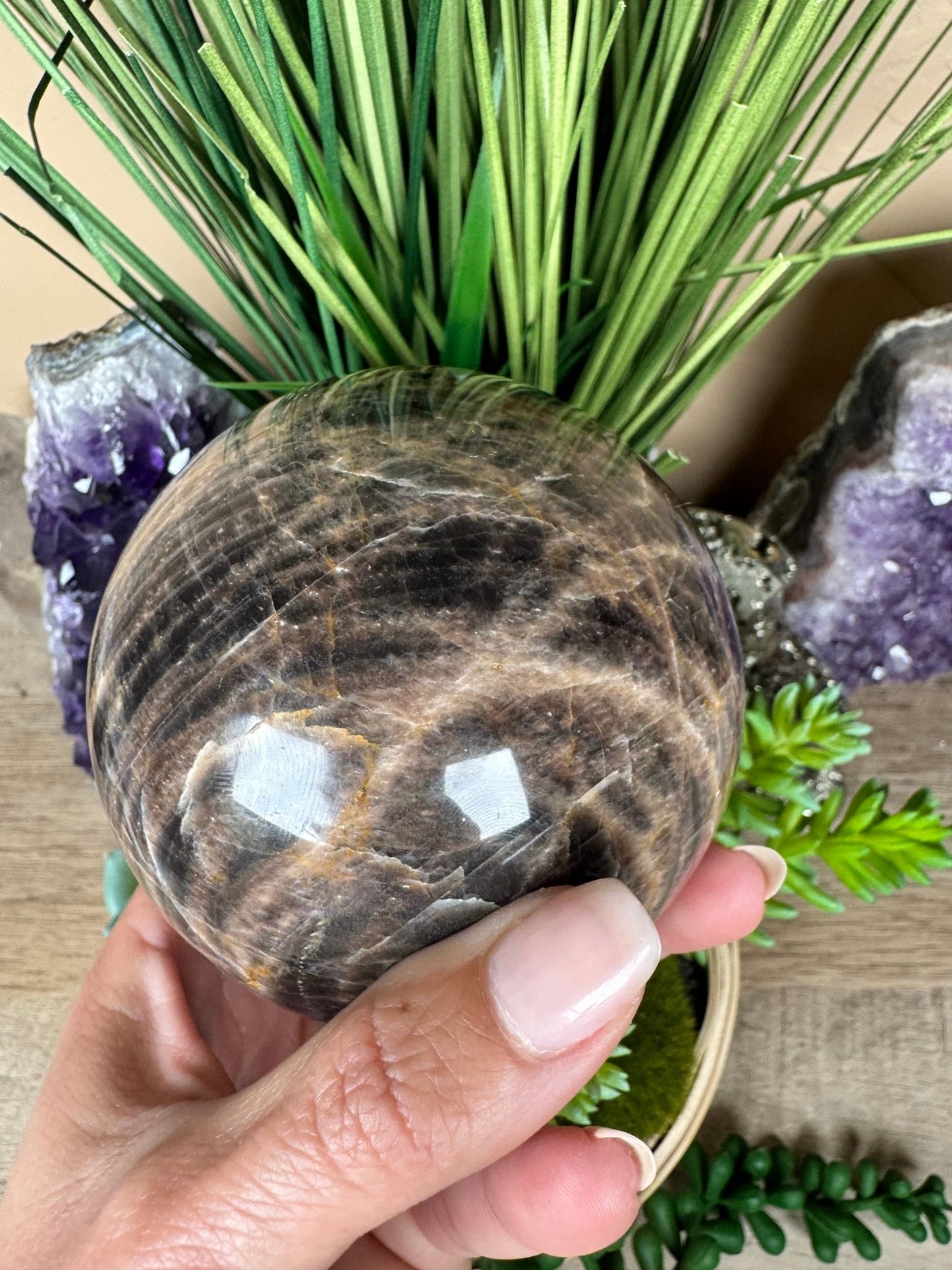 Black Moonstone Sphere 87mm (3.4 inches) - Purple Door Alchemy