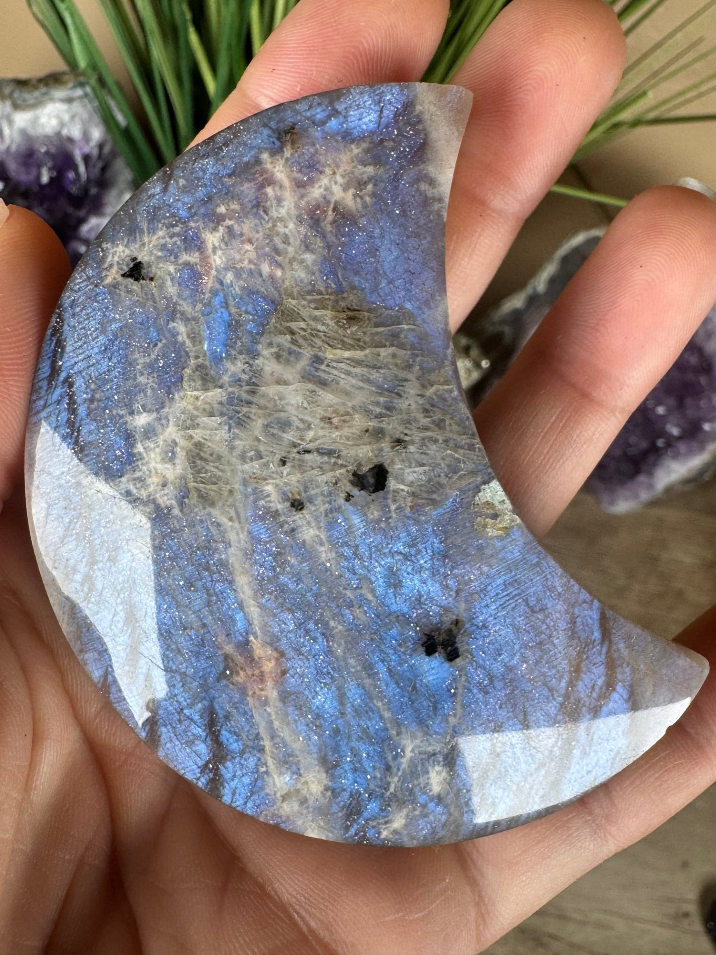 Blue Flash Moonstone Sunstone Crescent Moon on stand - Purple Door Alchemy
