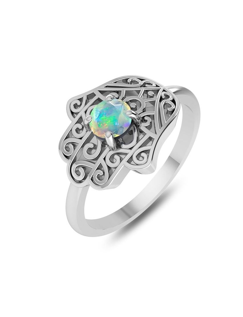 Hamsa Hand Ring with Ethiopian Opal - Purple Door Alchemy