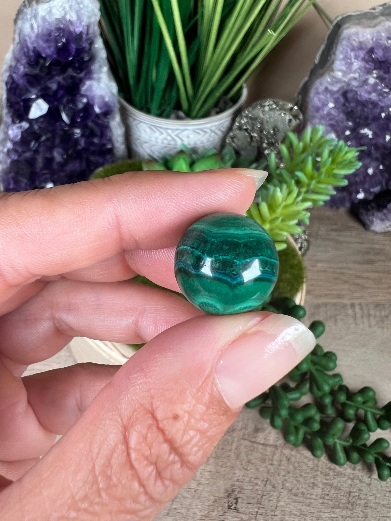 Mini Malachite Sphere 15mm - Purple Door Alchemy