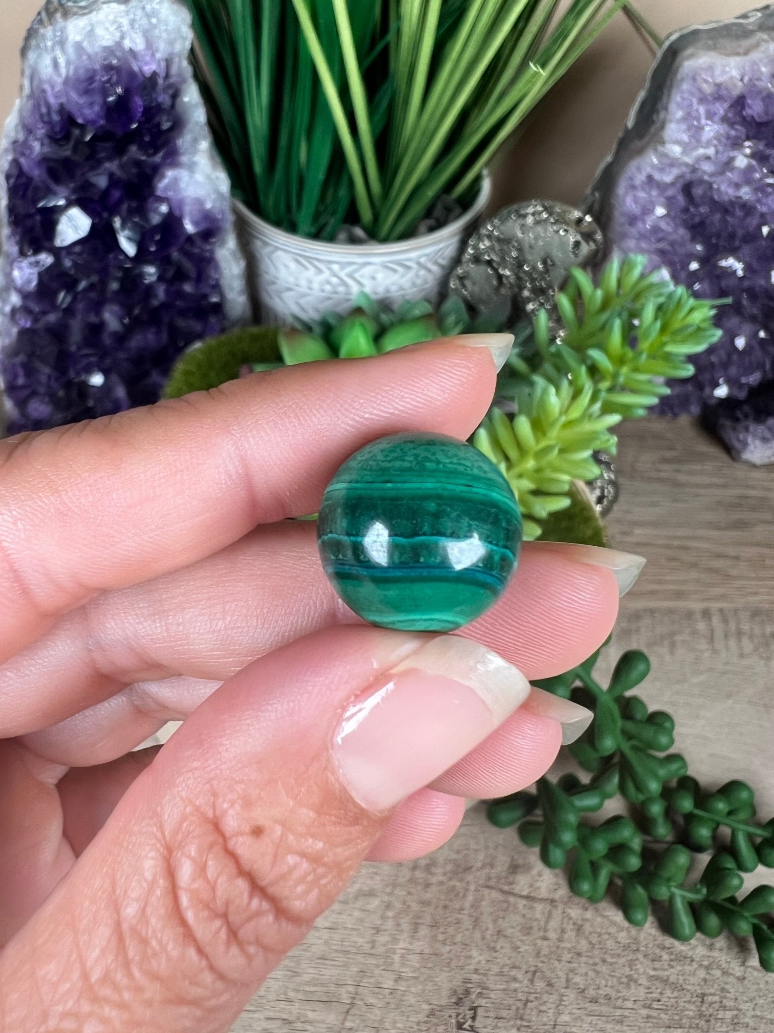 Mini Malachite Sphere 15mm - Purple Door Alchemy