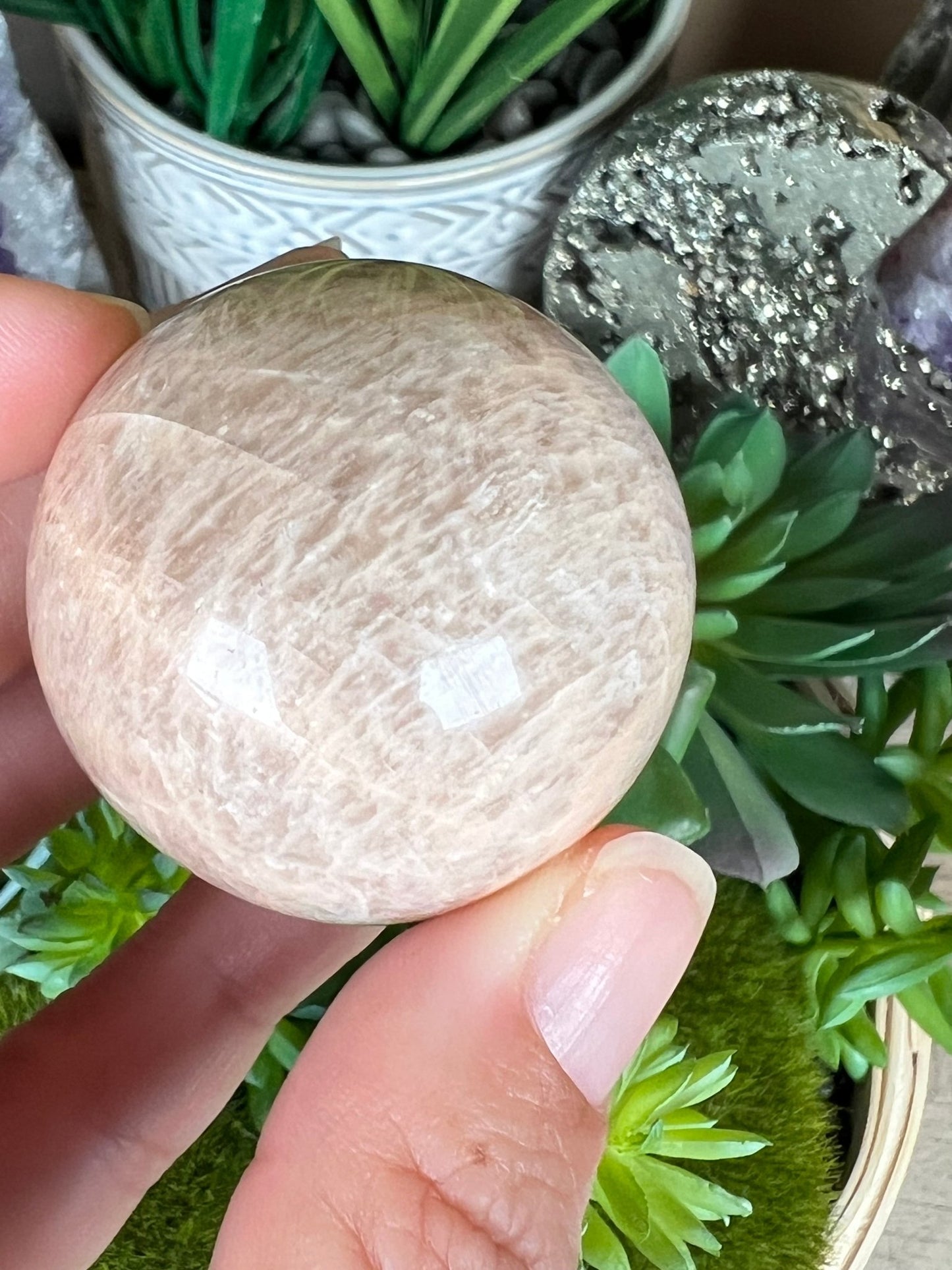 Peach Moonstone Sphere 39mm (1.53in) - Purple Door Alchemy