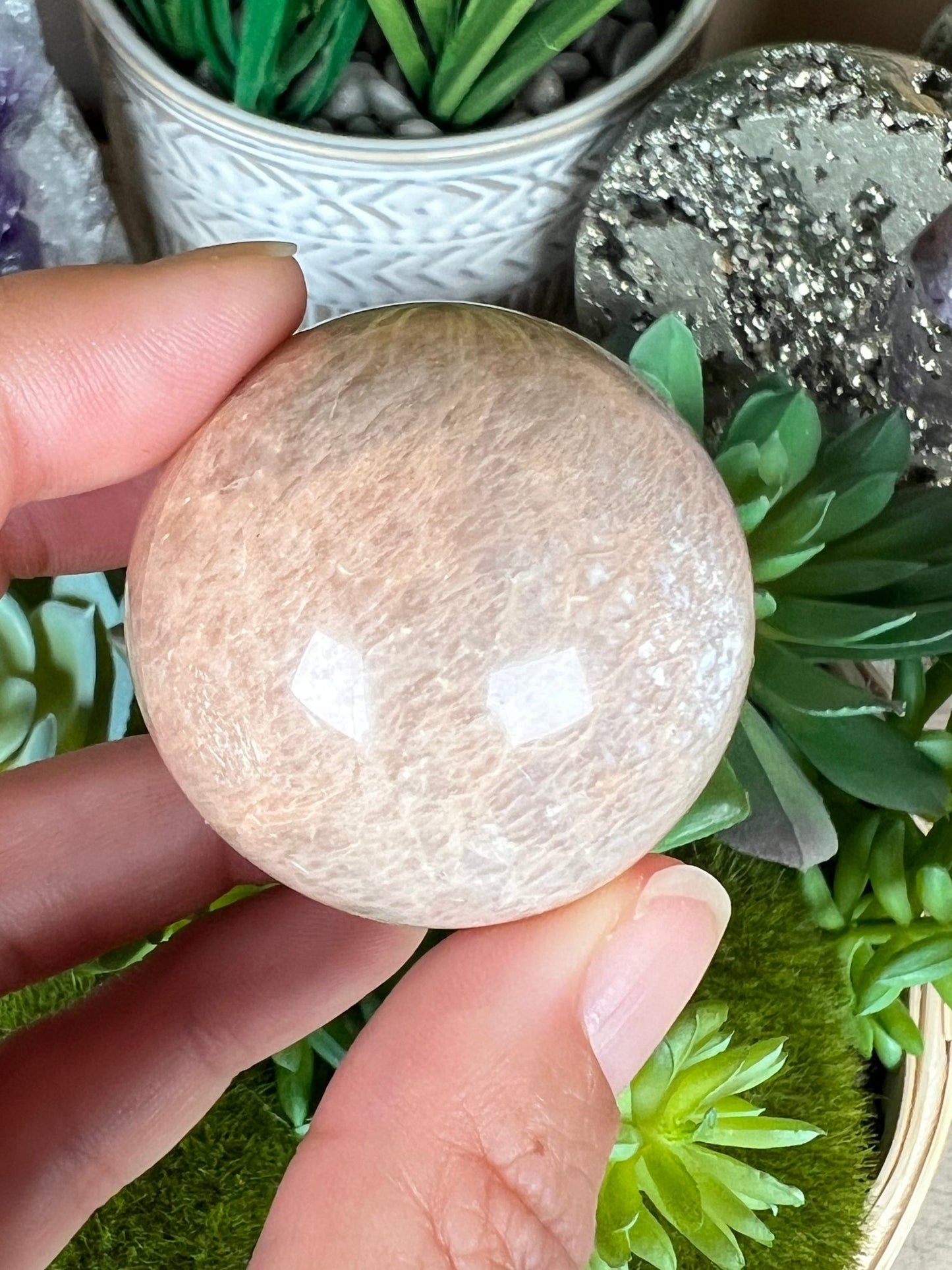 Peach Moonstone Sphere 39mm (1.53in) - Purple Door Alchemy