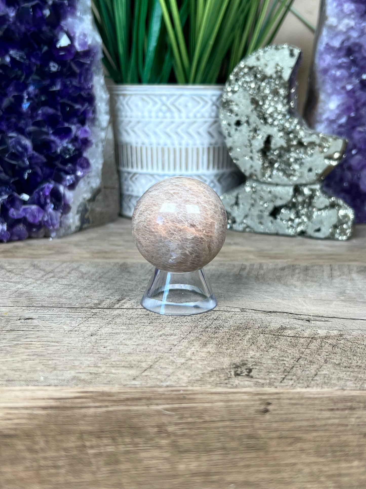 Peach Moonstone Sphere 39mm (1.53in) - Purple Door Alchemy