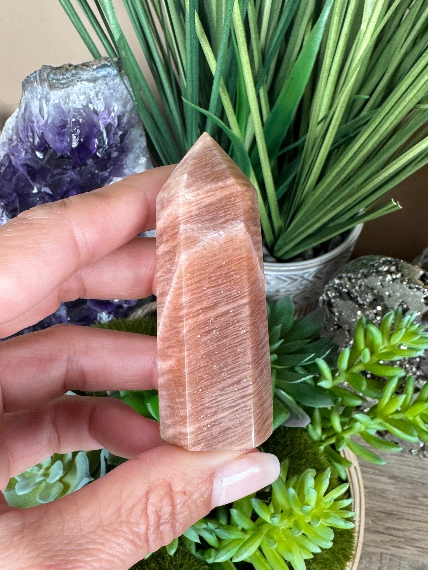 Peach Moonstone Sunstone Point - Purple Door Alchemy