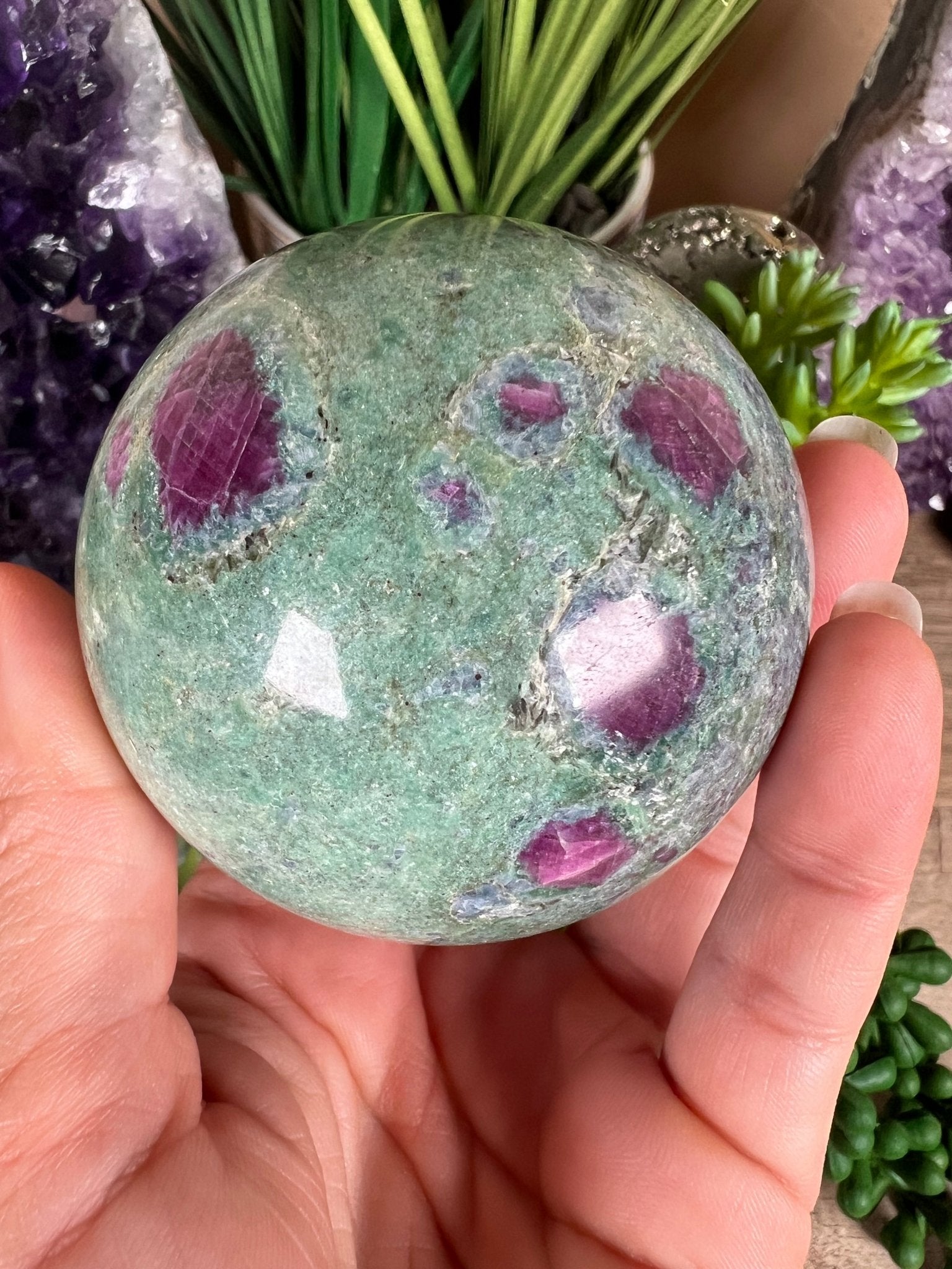 Ruby in Fuchsite with Kyanite Sphere 66mm, 2.7in - Purple Door Alchemy