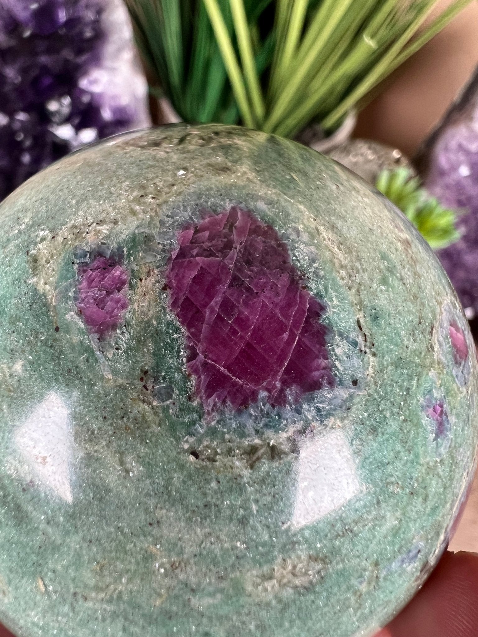 Ruby in Fuchsite with Kyanite Sphere 66mm, 2.7in - Purple Door Alchemy