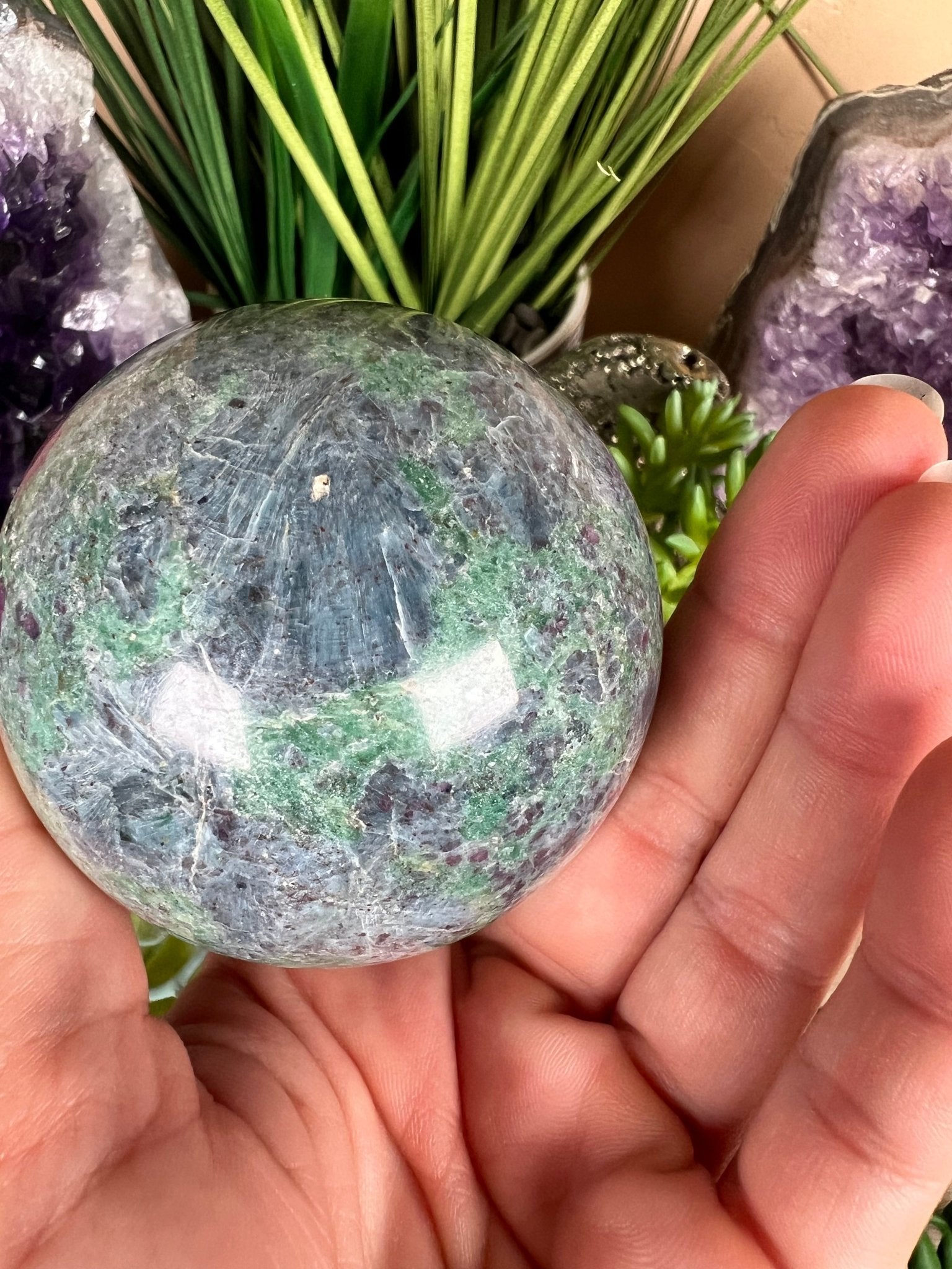 Ruby in Fuchsite with Kyanite Sphere 66mm, 2.7in - Purple Door Alchemy