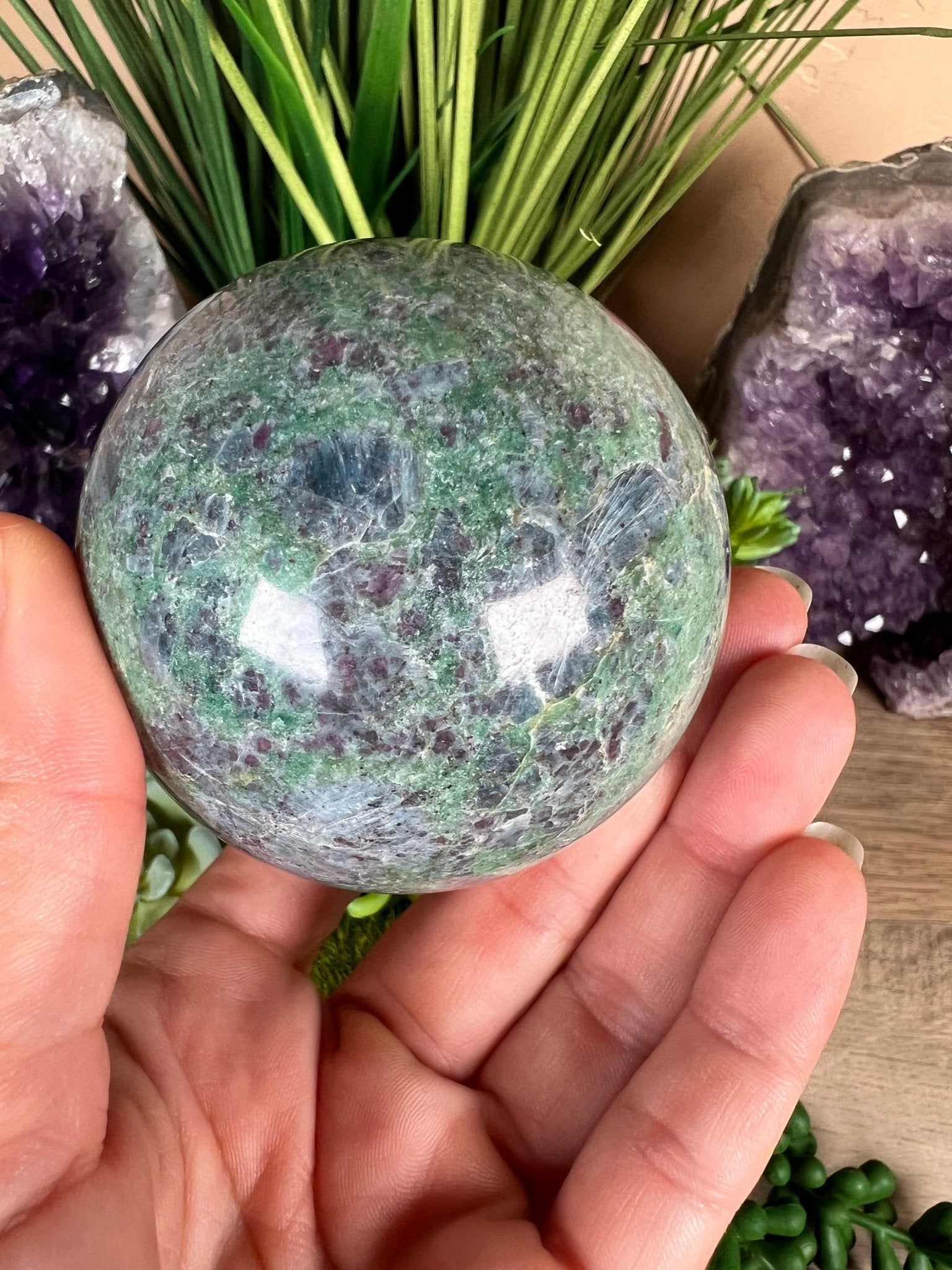 Ruby in Fuchsite with Kyanite Sphere 66mm, 2.7in - Purple Door Alchemy