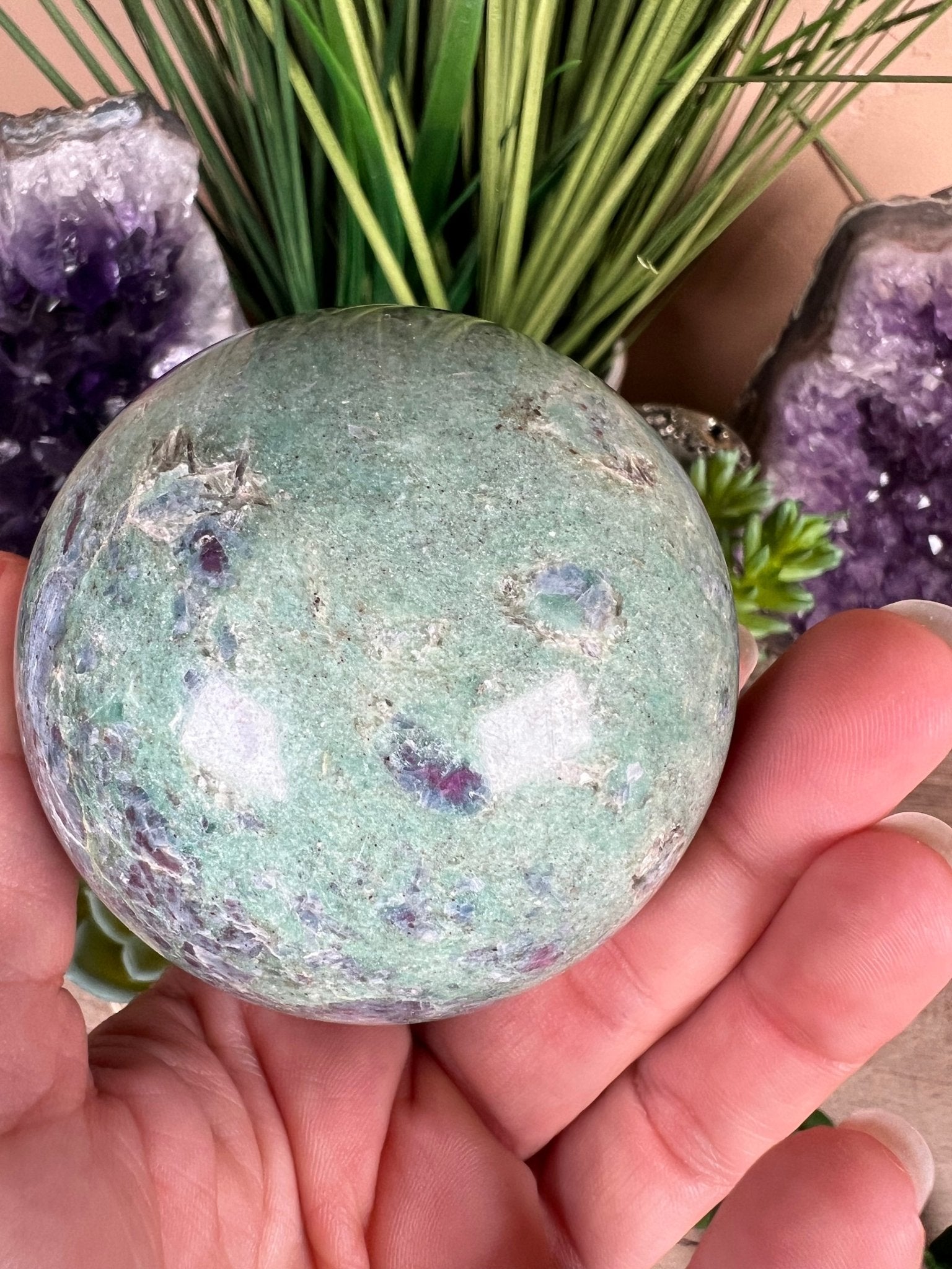 Ruby in Fuchsite with Kyanite Sphere 66mm, 2.7in - Purple Door Alchemy