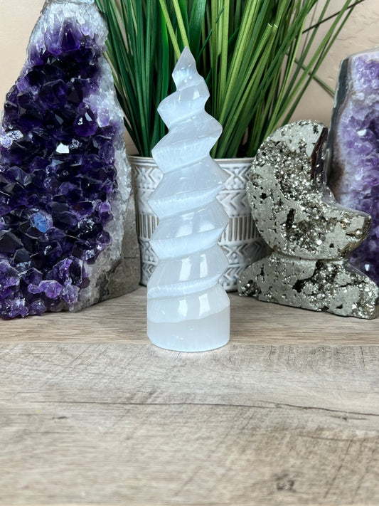 Selenite Spiral Tower - Purple Door Alchemy