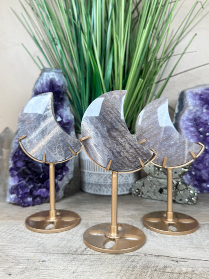 Blue Flash Moonstone Sunstone Crescent Moon on stand