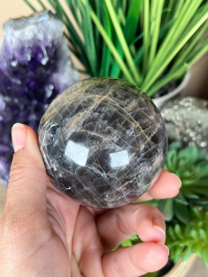 Black Moonstone Sphere 67mm (2.6 inches) - Purple Door Alchemy