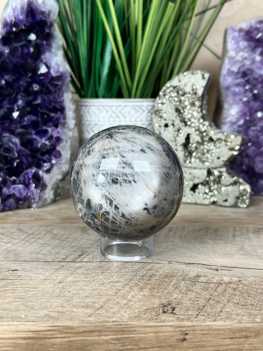 Black Moonstone Sphere 67mm (2.6 inches) - Purple Door Alchemy