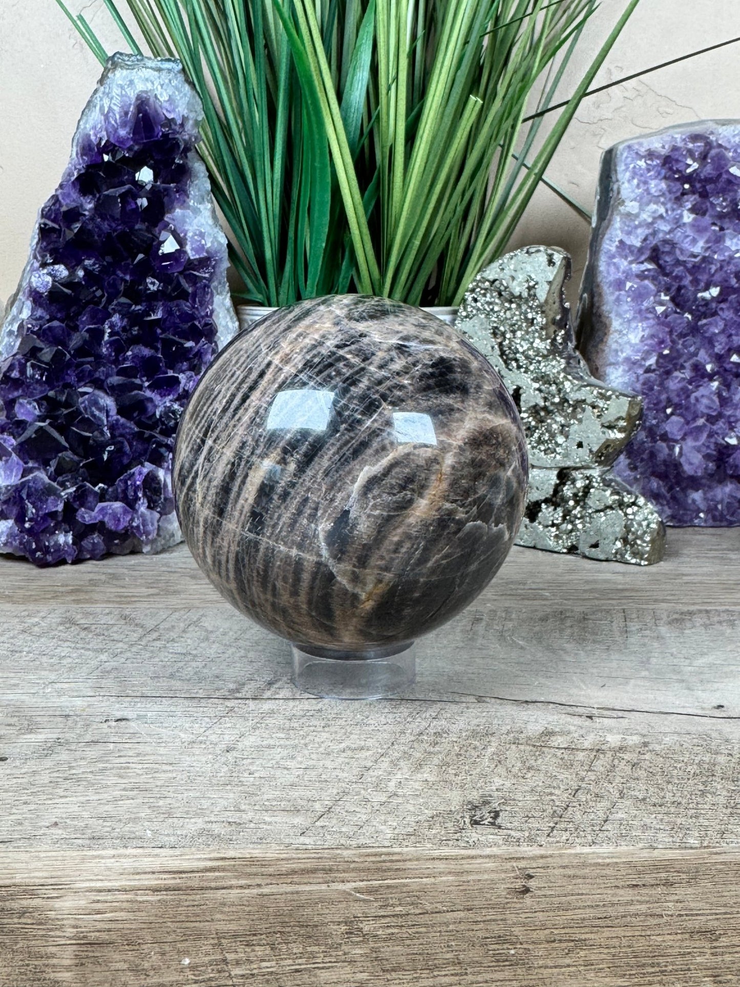 Black Moonstone Sphere 87mm (3.4 inches) - Purple Door Alchemy