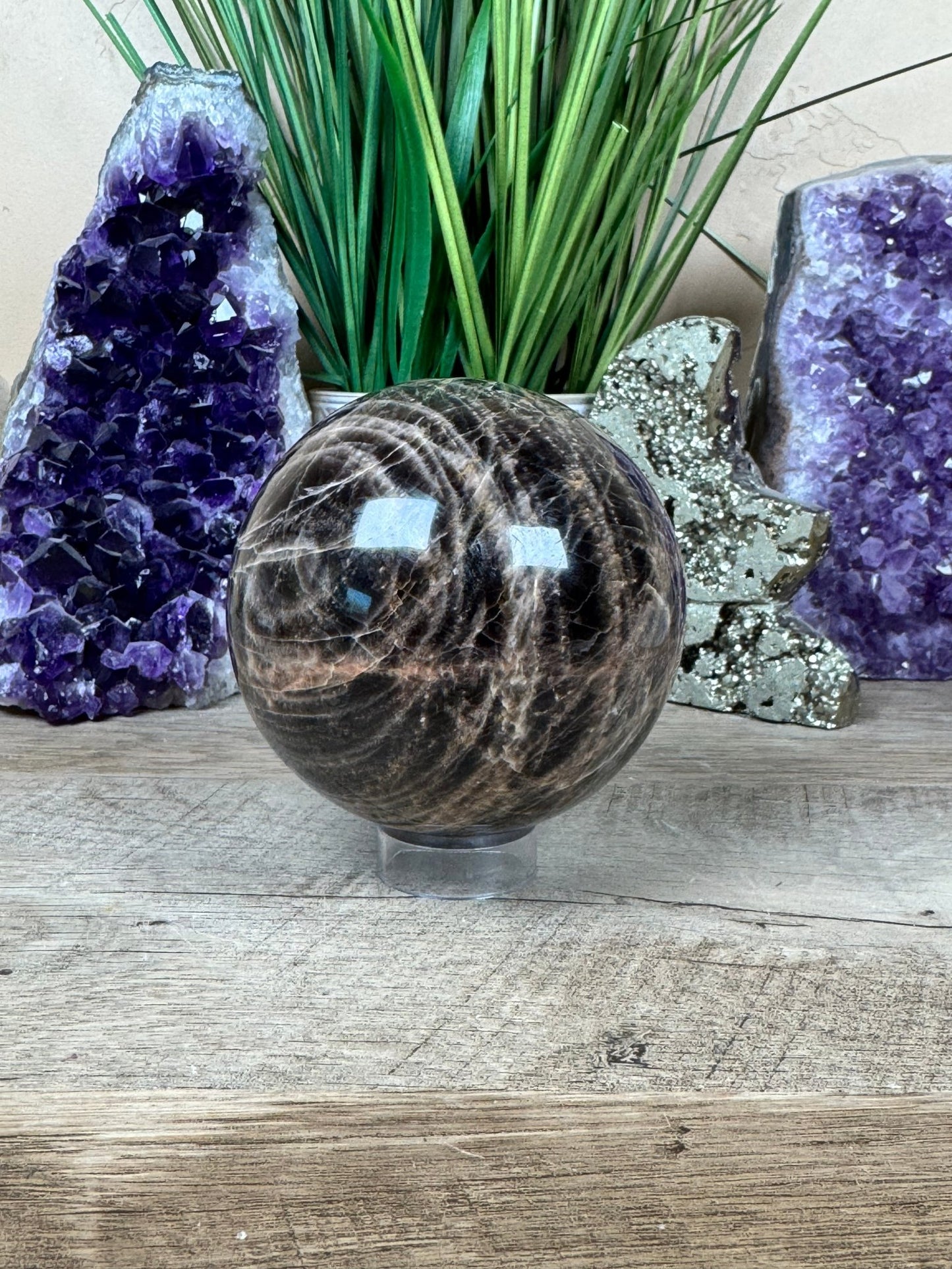 Black Moonstone Sphere 87mm (3.4 inches) - Purple Door Alchemy