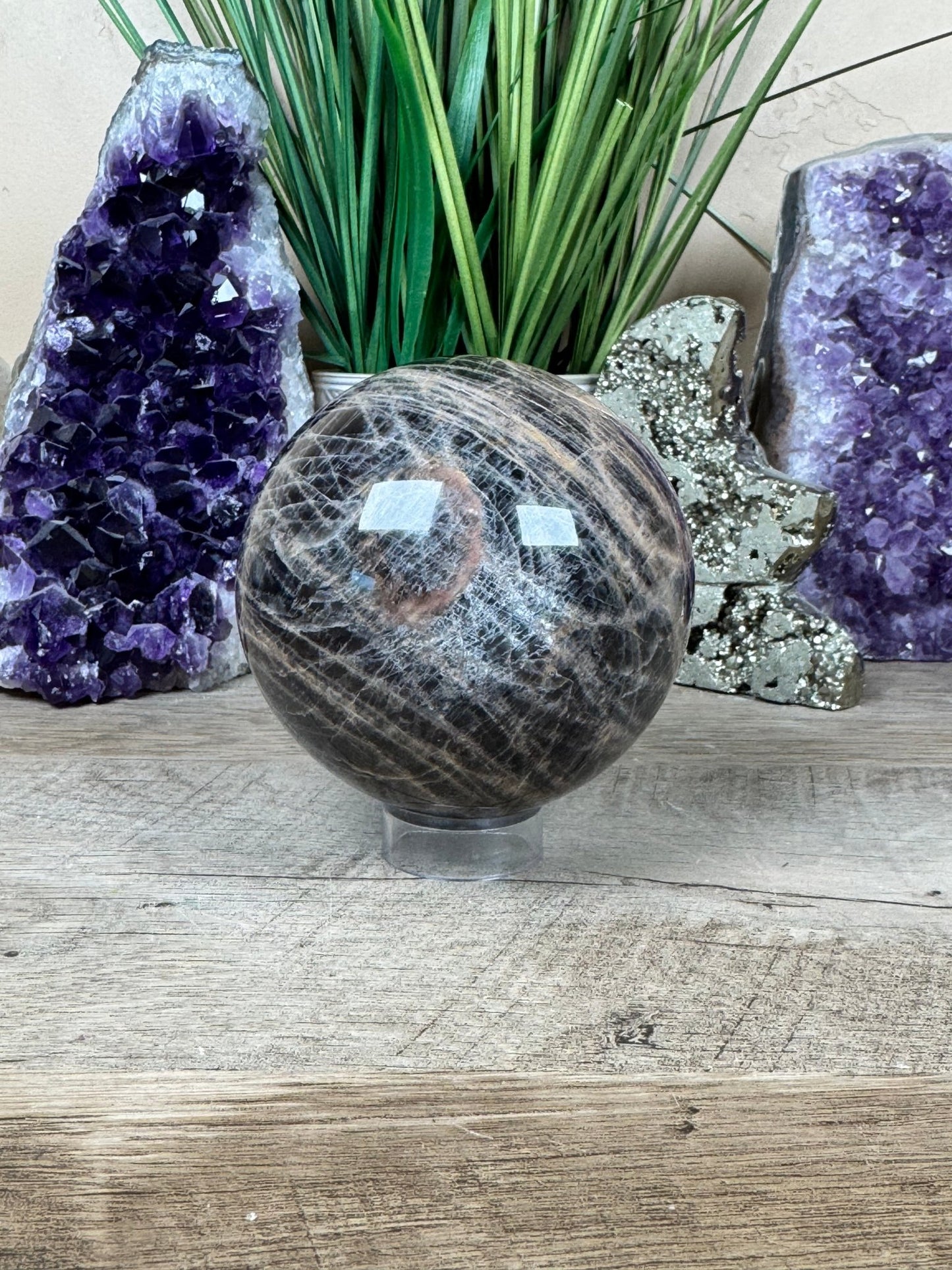 Black Moonstone Sphere 87mm (3.4 inches) - Purple Door Alchemy
