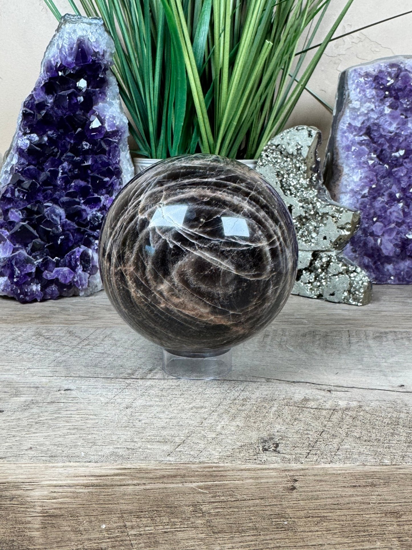 Black Moonstone Sphere 87mm (3.4 inches) - Purple Door Alchemy