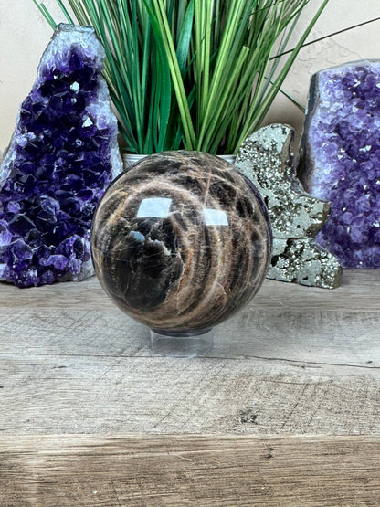 Black Moonstone Sphere 87mm (3.4 inches) - Purple Door Alchemy
